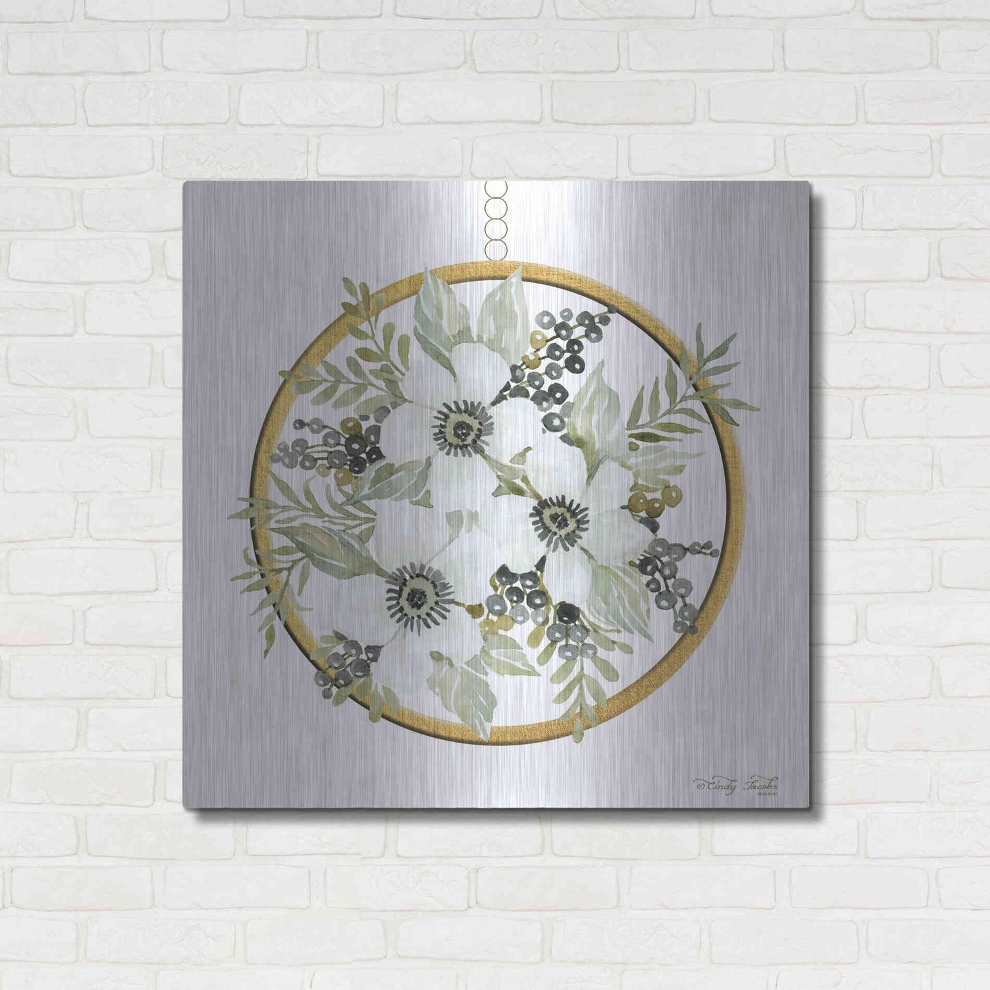 Luxe Metal Art 'Geometric Circle Muted Floral' by Cindy Jacobs, Metal Wall Art,36x36