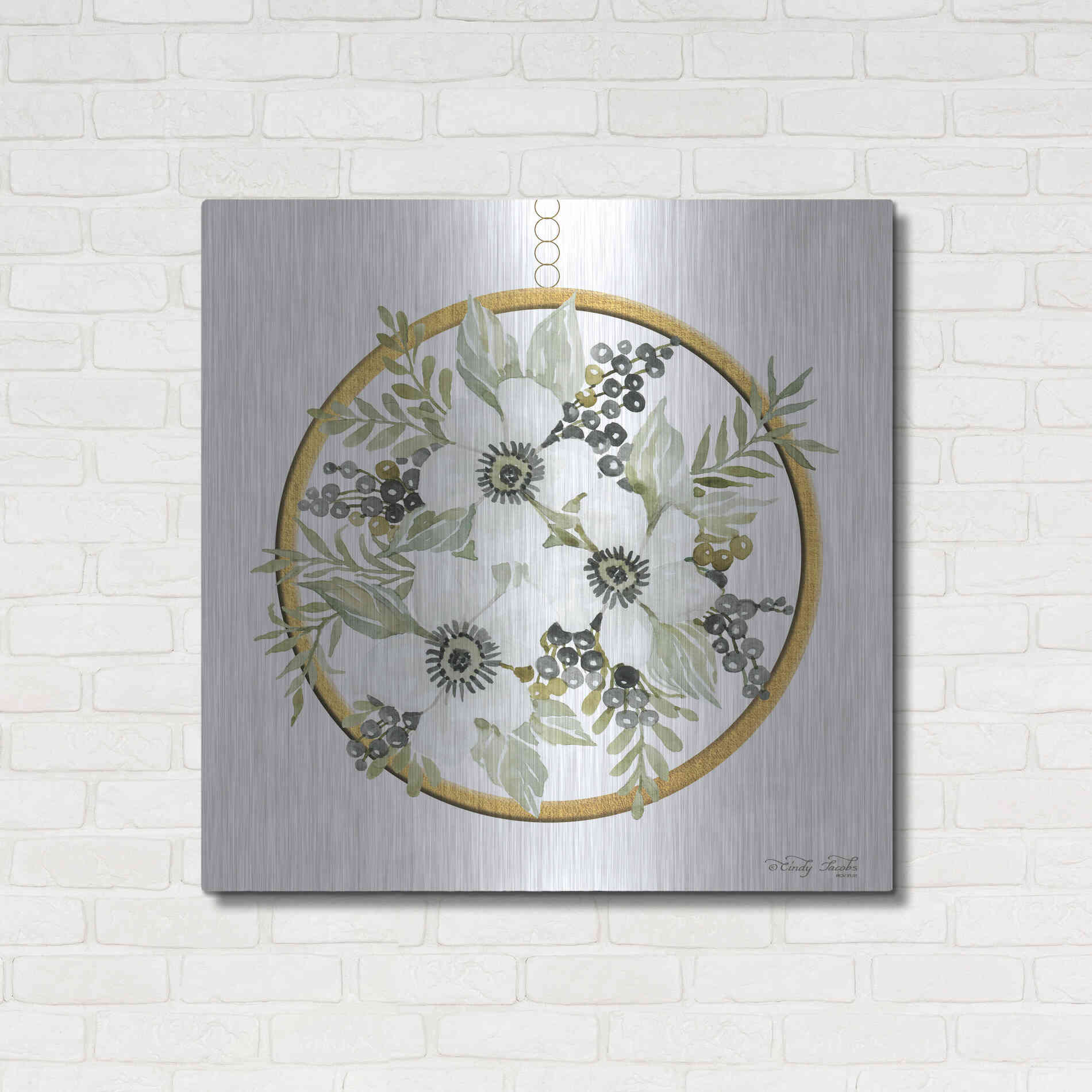 Luxe Metal Art 'Geometric Circle Muted Floral' by Cindy Jacobs, Metal Wall Art,36x36