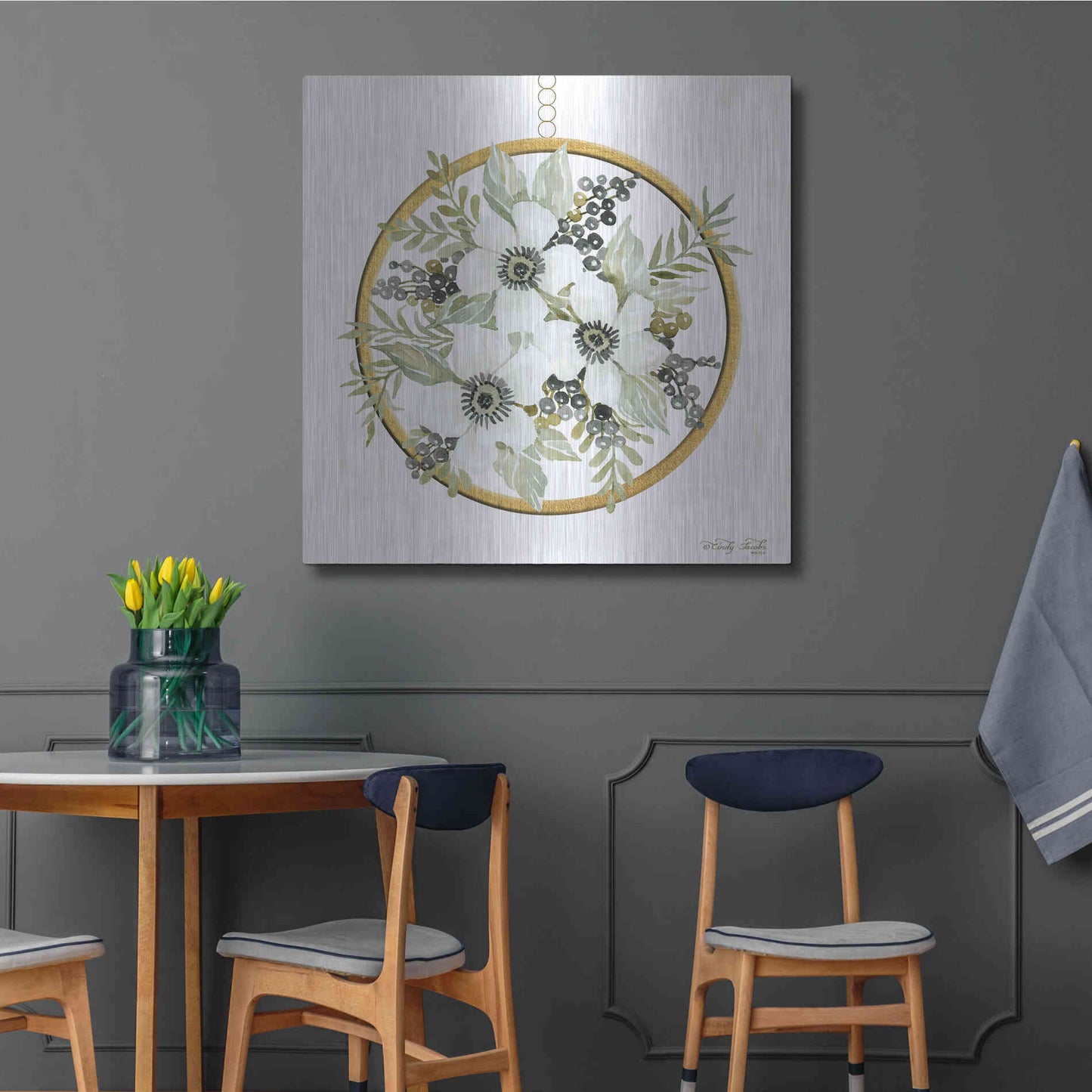 Luxe Metal Art 'Geometric Circle Muted Floral' by Cindy Jacobs, Metal Wall Art,36x36