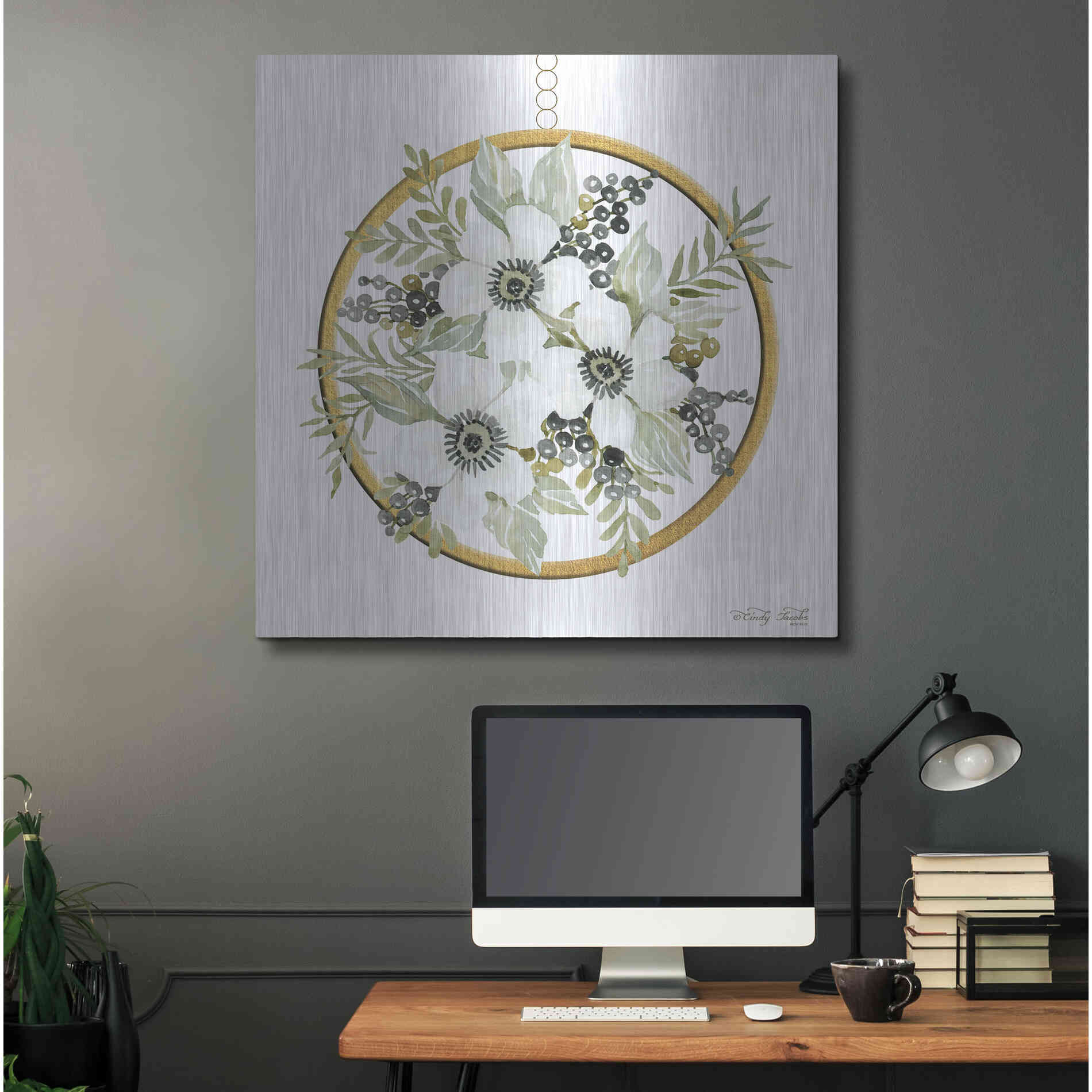 Luxe Metal Art 'Geometric Circle Muted Floral' by Cindy Jacobs, Metal Wall Art,36x36