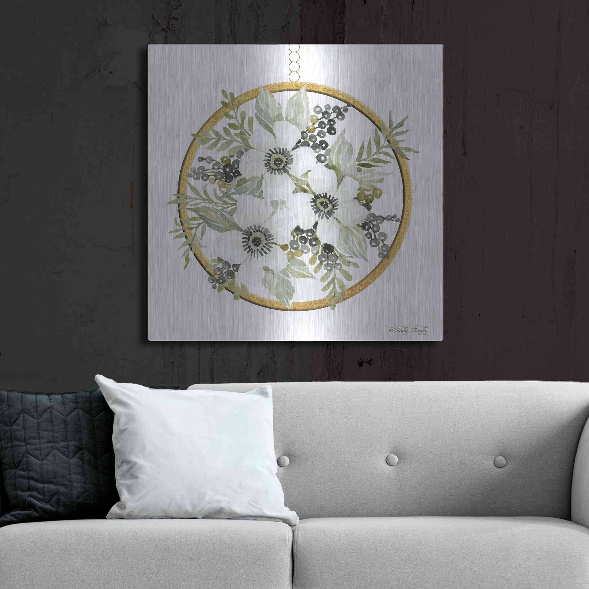 Luxe Metal Art 'Geometric Circle Muted Floral' by Cindy Jacobs, Metal Wall Art,36x36