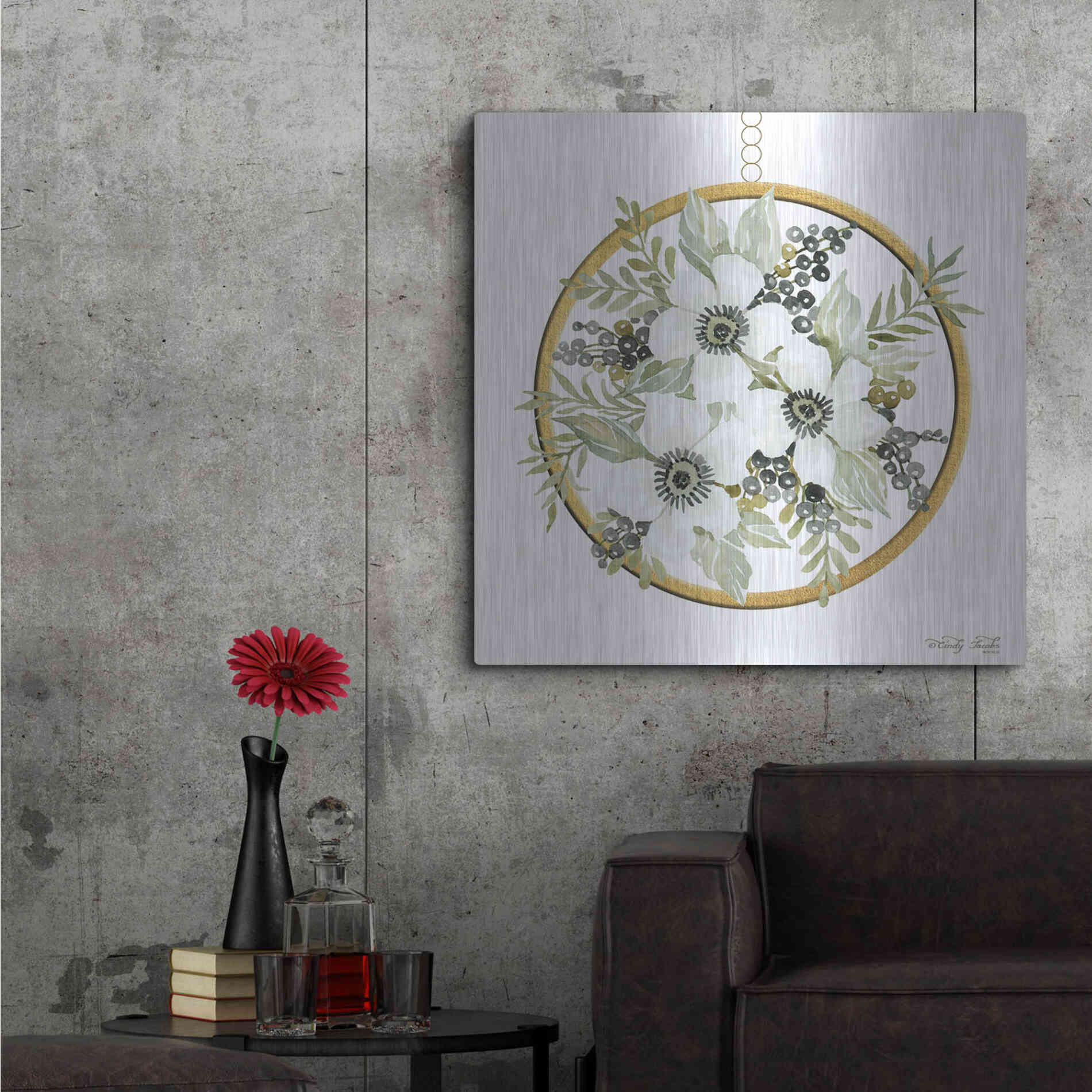 Luxe Metal Art 'Geometric Circle Muted Floral' by Cindy Jacobs, Metal Wall Art,36x36