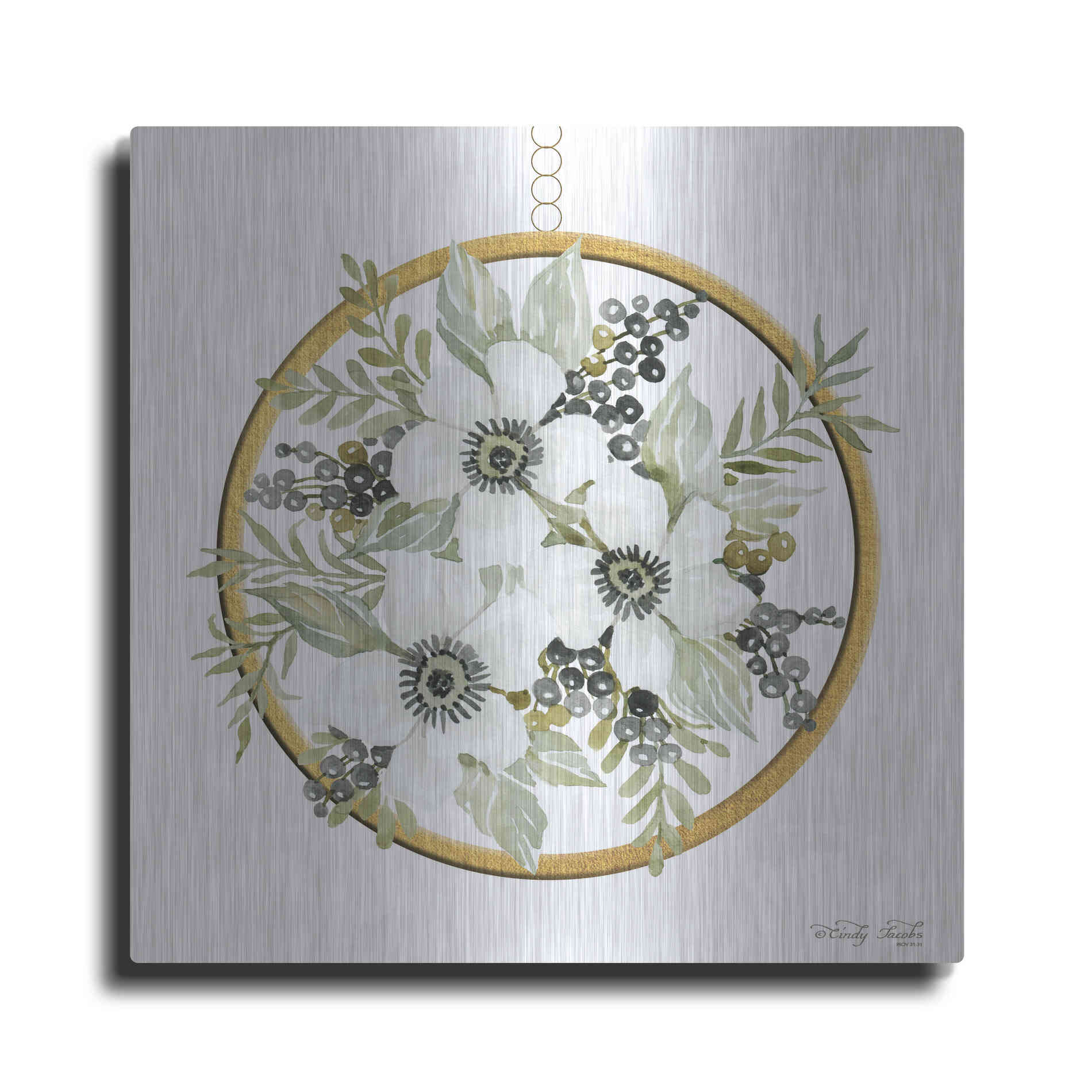 Luxe Metal Art 'Geometric Circle Muted Floral' by Cindy Jacobs, Metal Wall Art