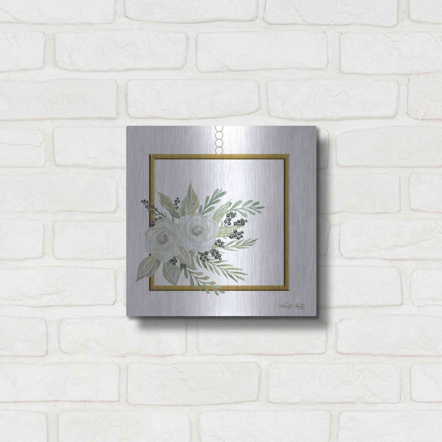 Luxe Metal Art 'Geometric Square Muted Floral' by Cindy Jacobs, Metal Wall Art,12x12