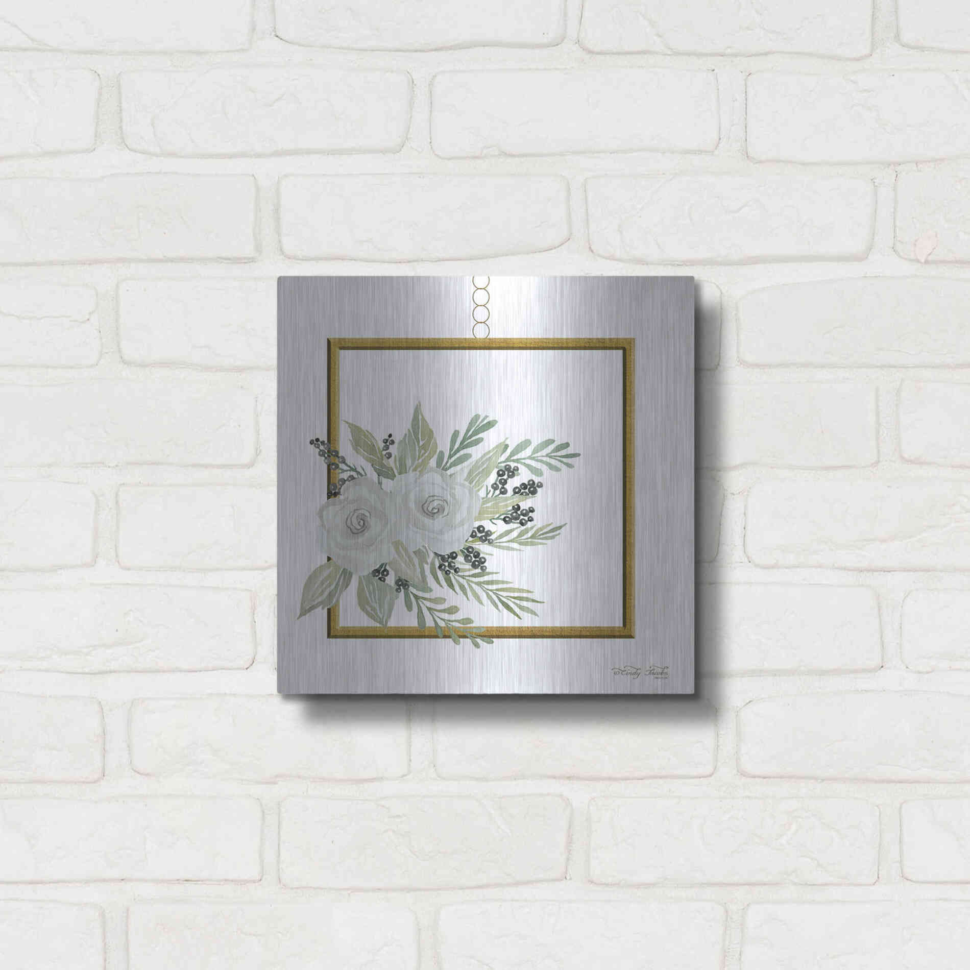 Luxe Metal Art 'Geometric Square Muted Floral' by Cindy Jacobs, Metal Wall Art,12x12