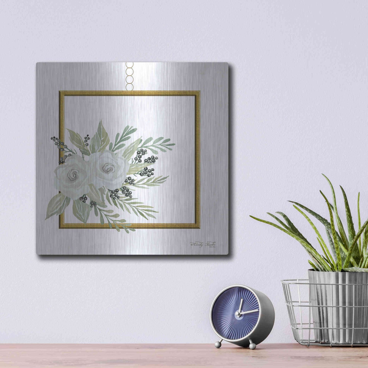 Luxe Metal Art 'Geometric Square Muted Floral' by Cindy Jacobs, Metal Wall Art,12x12