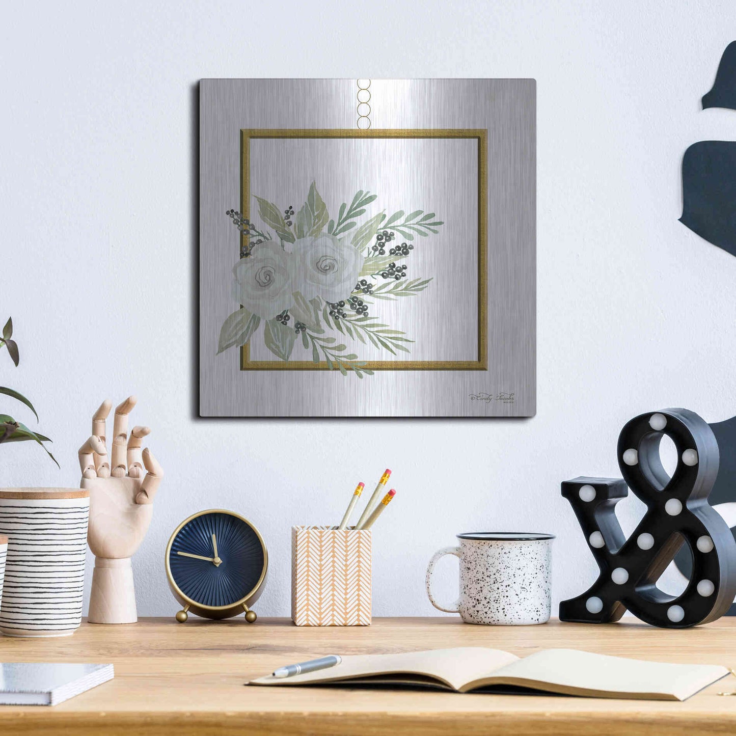 Luxe Metal Art 'Geometric Square Muted Floral' by Cindy Jacobs, Metal Wall Art,12x12