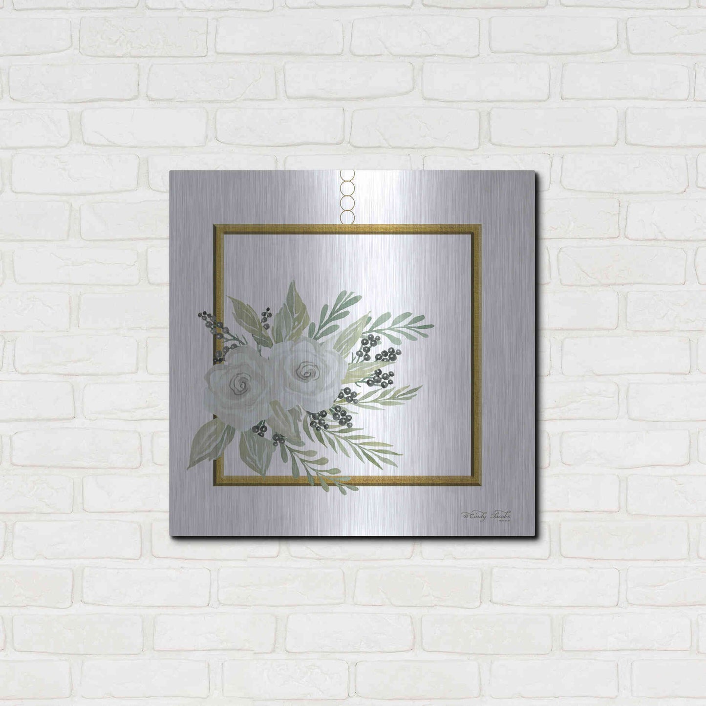Luxe Metal Art 'Geometric Square Muted Floral' by Cindy Jacobs, Metal Wall Art,24x24