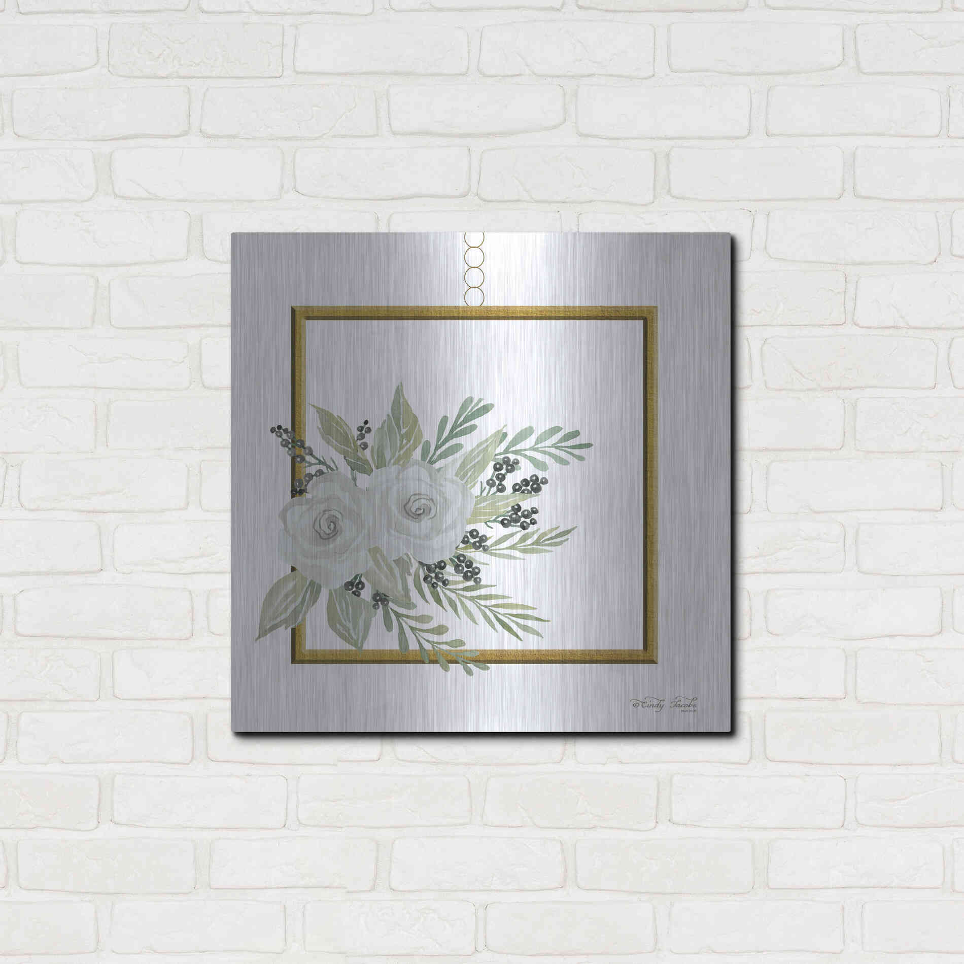 Luxe Metal Art 'Geometric Square Muted Floral' by Cindy Jacobs, Metal Wall Art,24x24