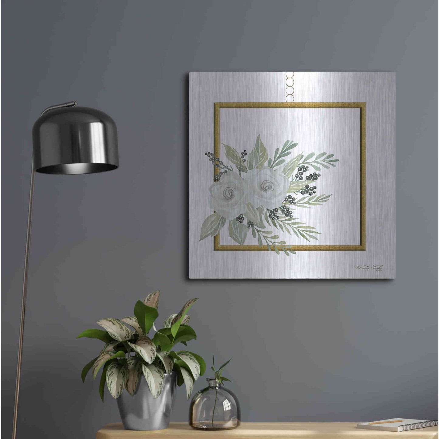 Luxe Metal Art 'Geometric Square Muted Floral' by Cindy Jacobs, Metal Wall Art,24x24