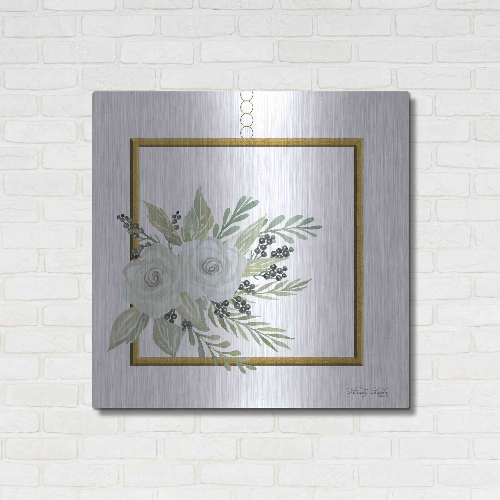 Luxe Metal Art 'Geometric Square Muted Floral' by Cindy Jacobs, Metal Wall Art,36x36