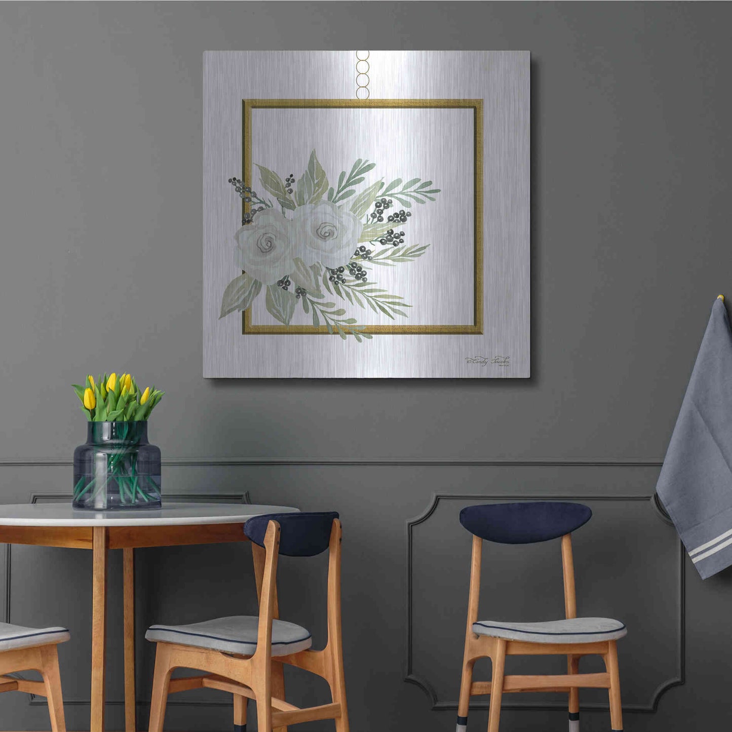 Luxe Metal Art 'Geometric Square Muted Floral' by Cindy Jacobs, Metal Wall Art,36x36