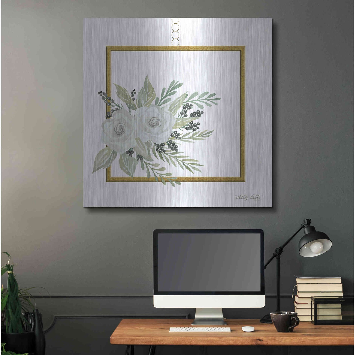 Luxe Metal Art 'Geometric Square Muted Floral' by Cindy Jacobs, Metal Wall Art,36x36