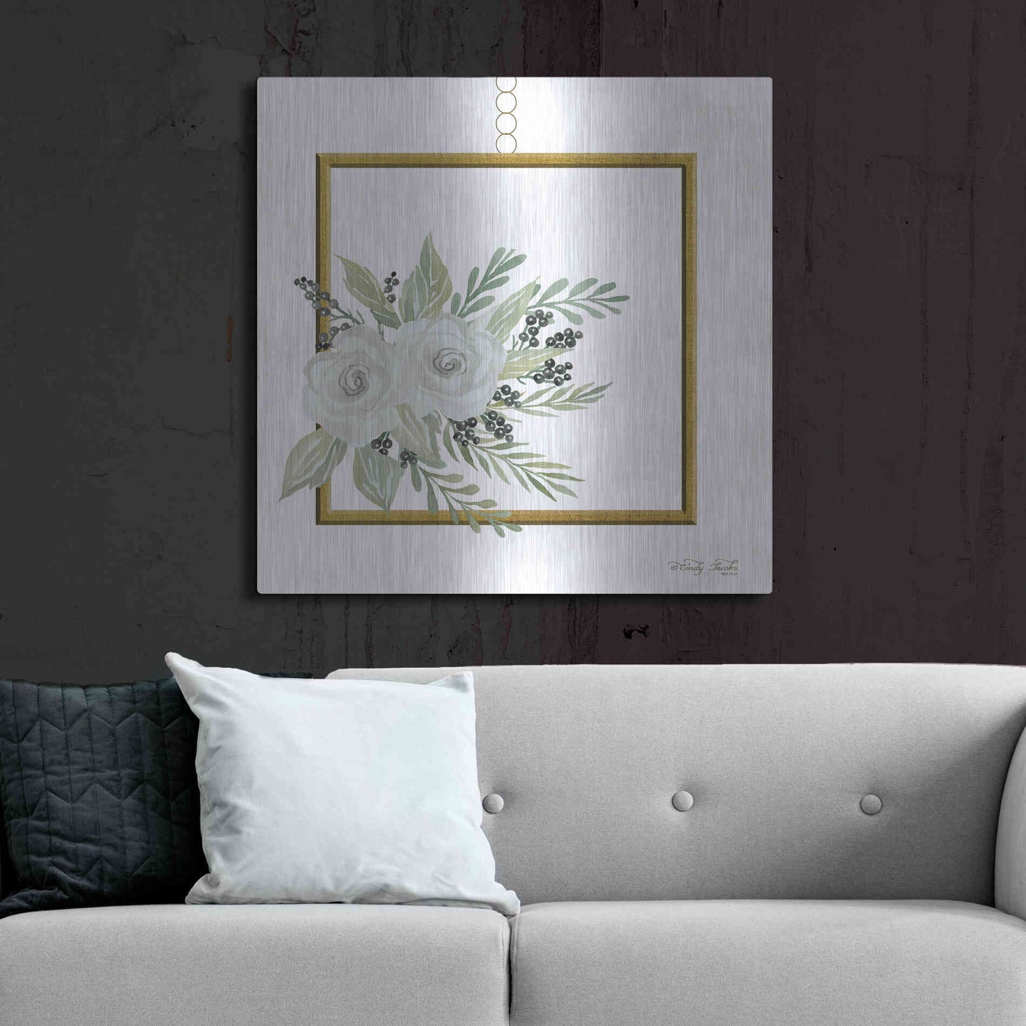 Luxe Metal Art 'Geometric Square Muted Floral' by Cindy Jacobs, Metal Wall Art,36x36