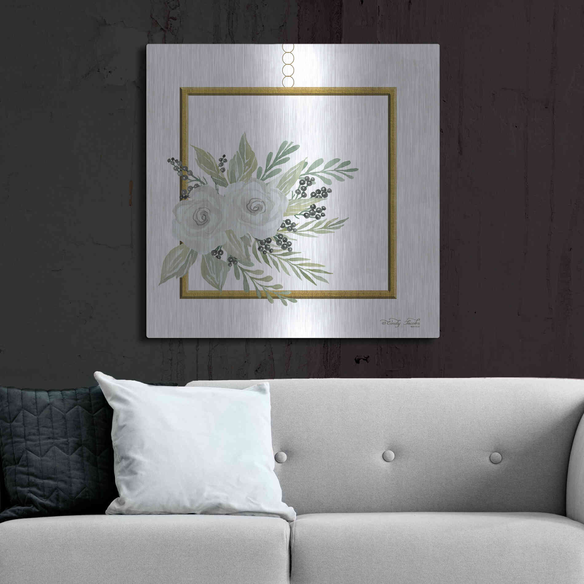 Luxe Metal Art 'Geometric Square Muted Floral' by Cindy Jacobs, Metal Wall Art,36x36