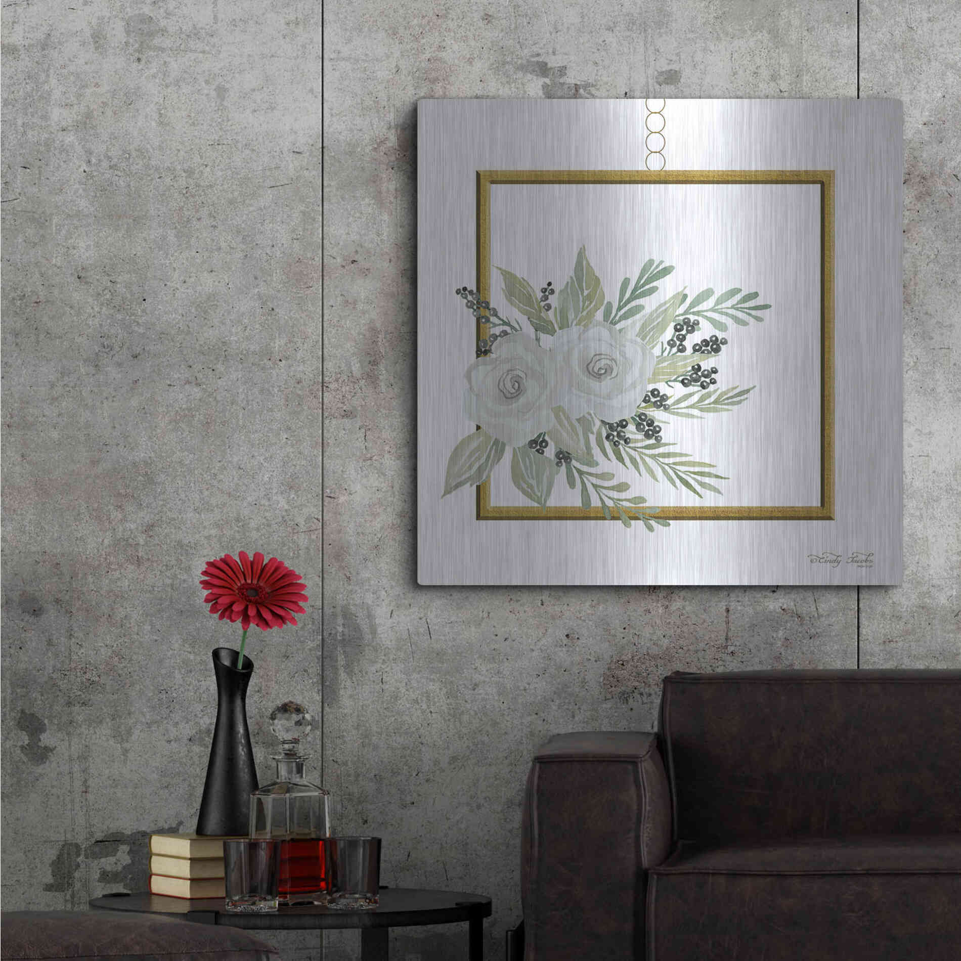 Luxe Metal Art 'Geometric Square Muted Floral' by Cindy Jacobs, Metal Wall Art,36x36