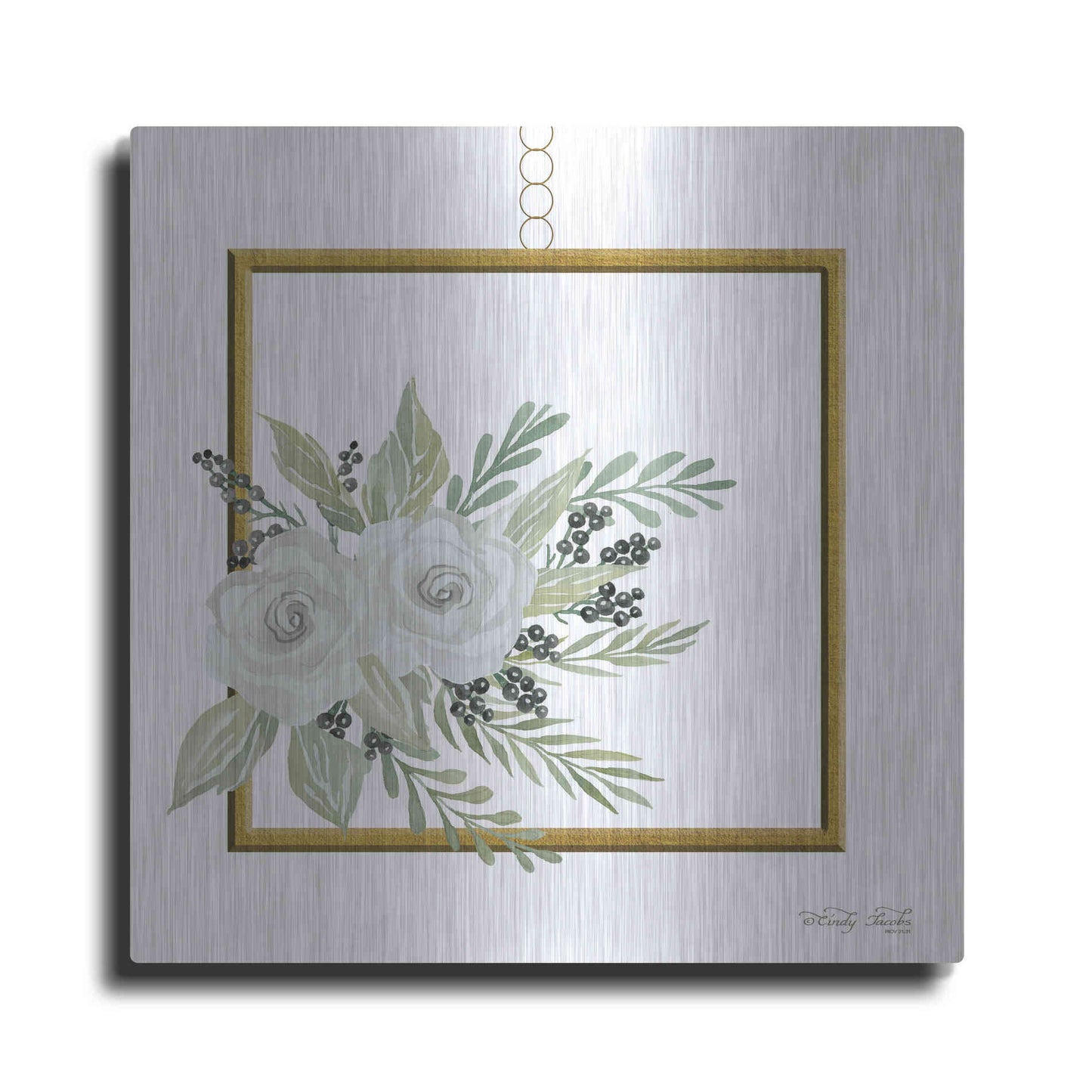 Luxe Metal Art 'Geometric Square Muted Floral' by Cindy Jacobs, Metal Wall Art