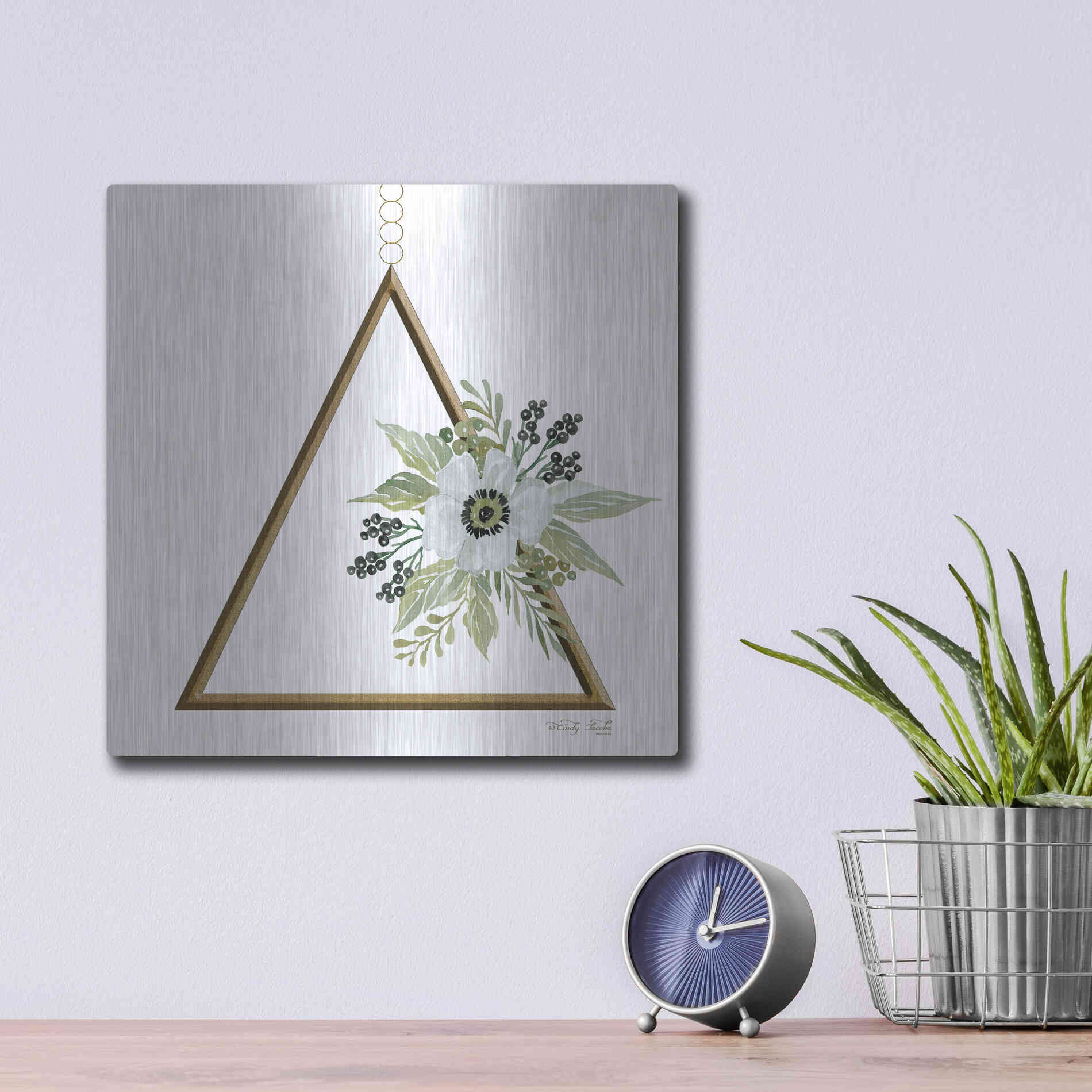 Luxe Metal Art 'Geometric Triangle Muted Floral II' by Cindy Jacobs, Metal Wall Art,12x12