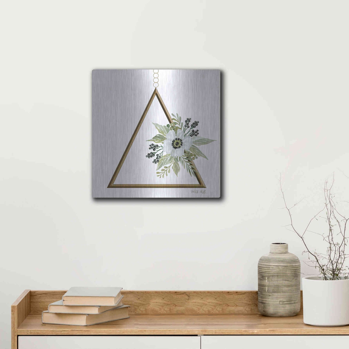 Luxe Metal Art 'Geometric Triangle Muted Floral II' by Cindy Jacobs, Metal Wall Art,12x12