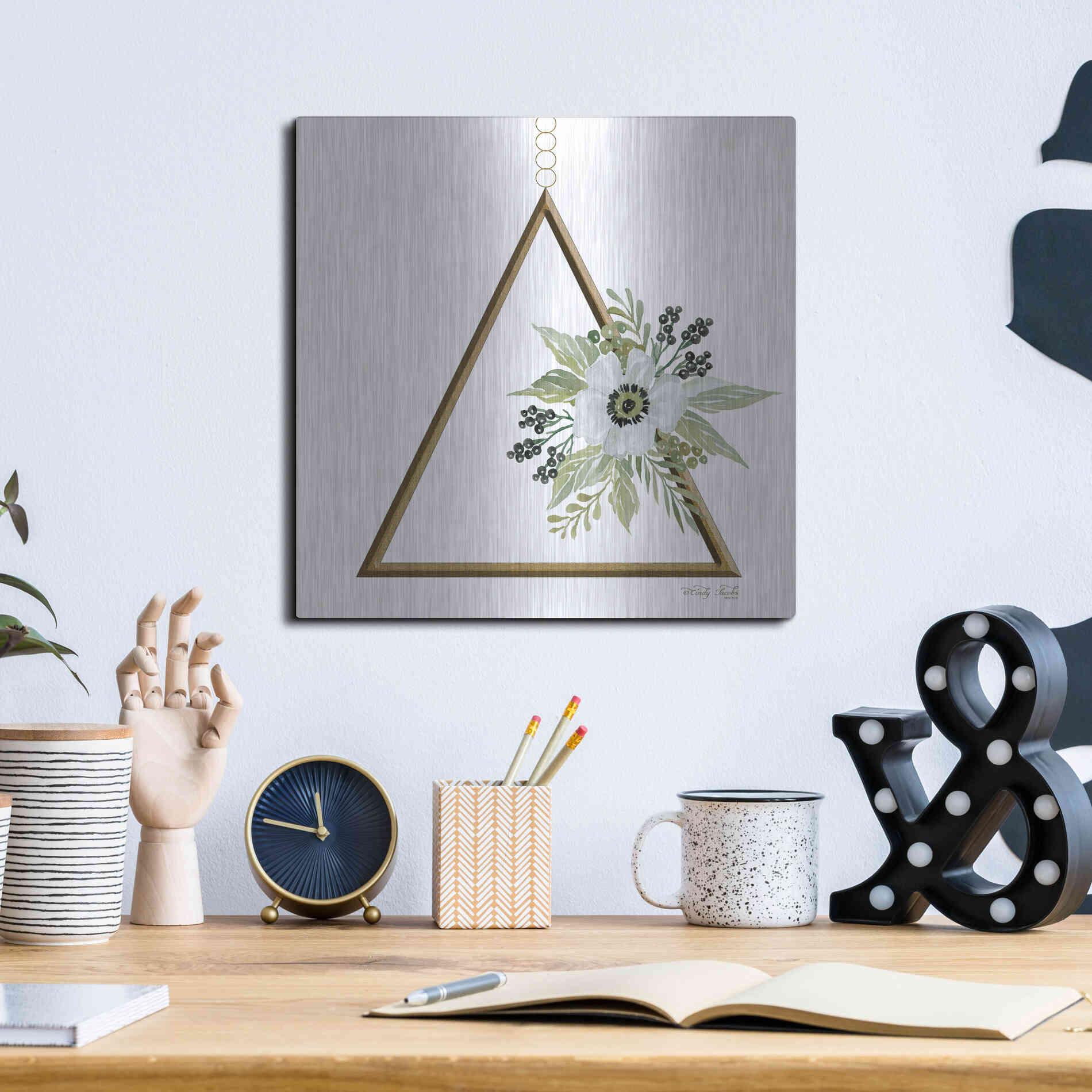 Luxe Metal Art 'Geometric Triangle Muted Floral II' by Cindy Jacobs, Metal Wall Art,12x12