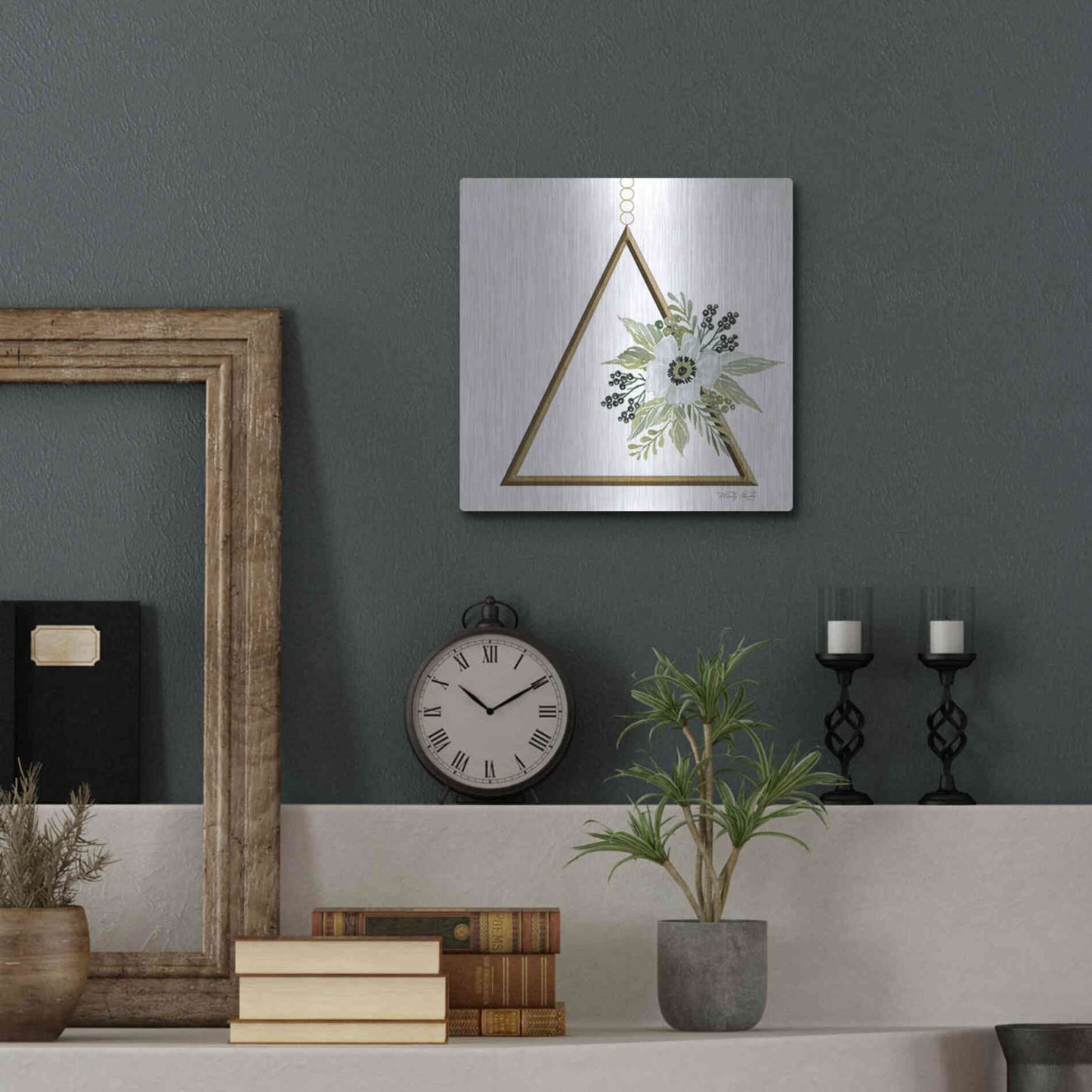 Luxe Metal Art 'Geometric Triangle Muted Floral II' by Cindy Jacobs, Metal Wall Art,12x12