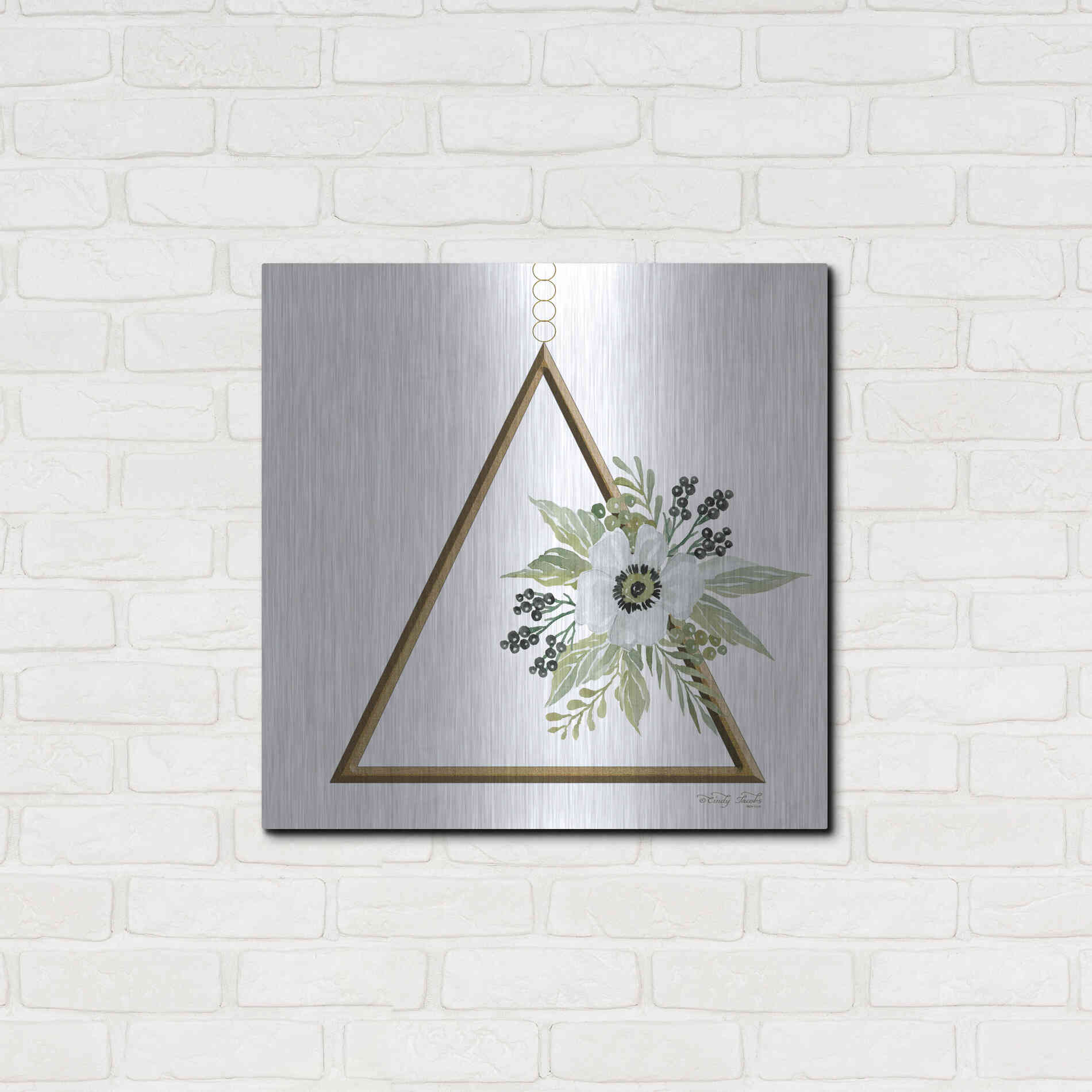 Luxe Metal Art 'Geometric Triangle Muted Floral II' by Cindy Jacobs, Metal Wall Art,24x24