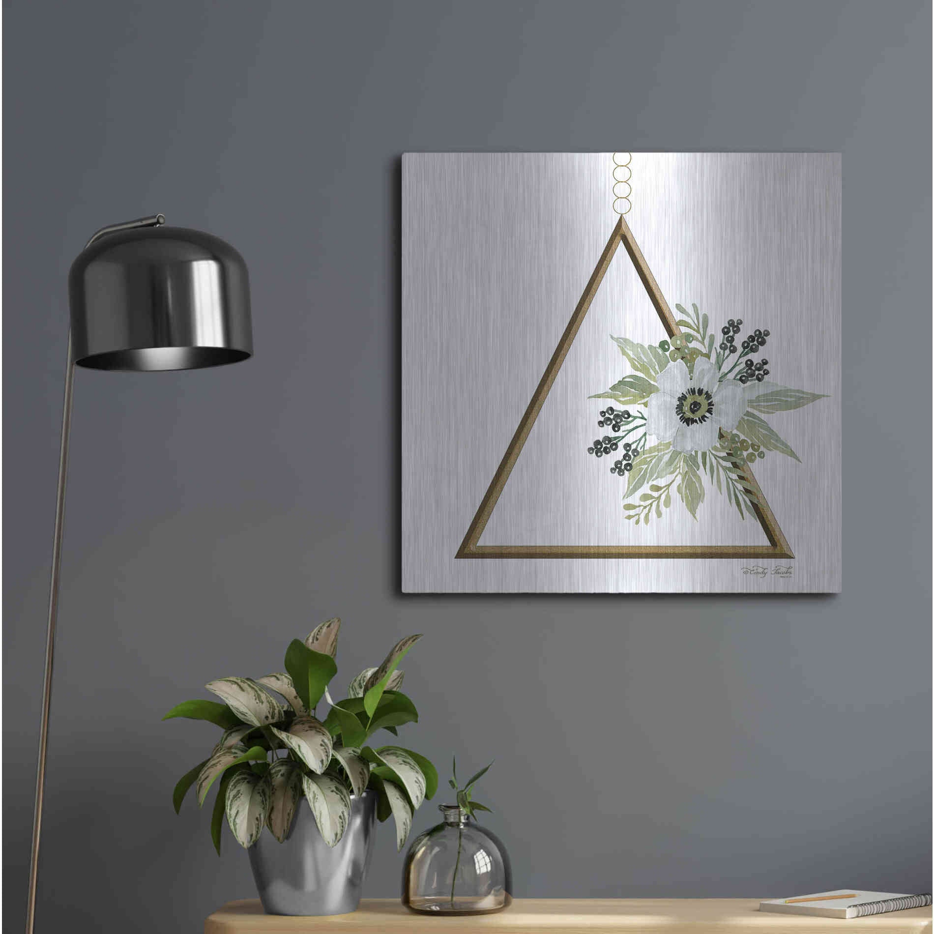 Luxe Metal Art 'Geometric Triangle Muted Floral II' by Cindy Jacobs, Metal Wall Art,24x24