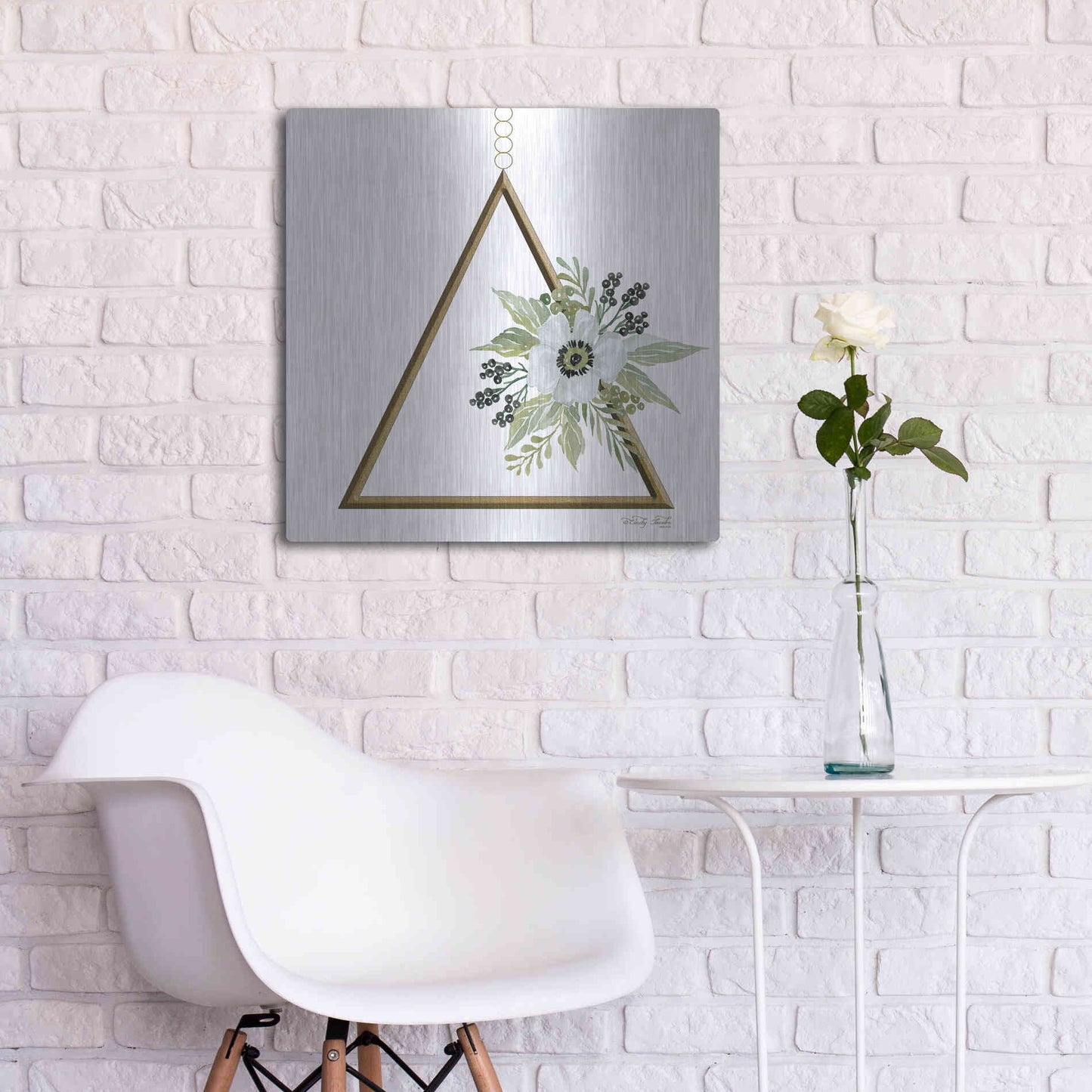 Luxe Metal Art 'Geometric Triangle Muted Floral II' by Cindy Jacobs, Metal Wall Art,24x24