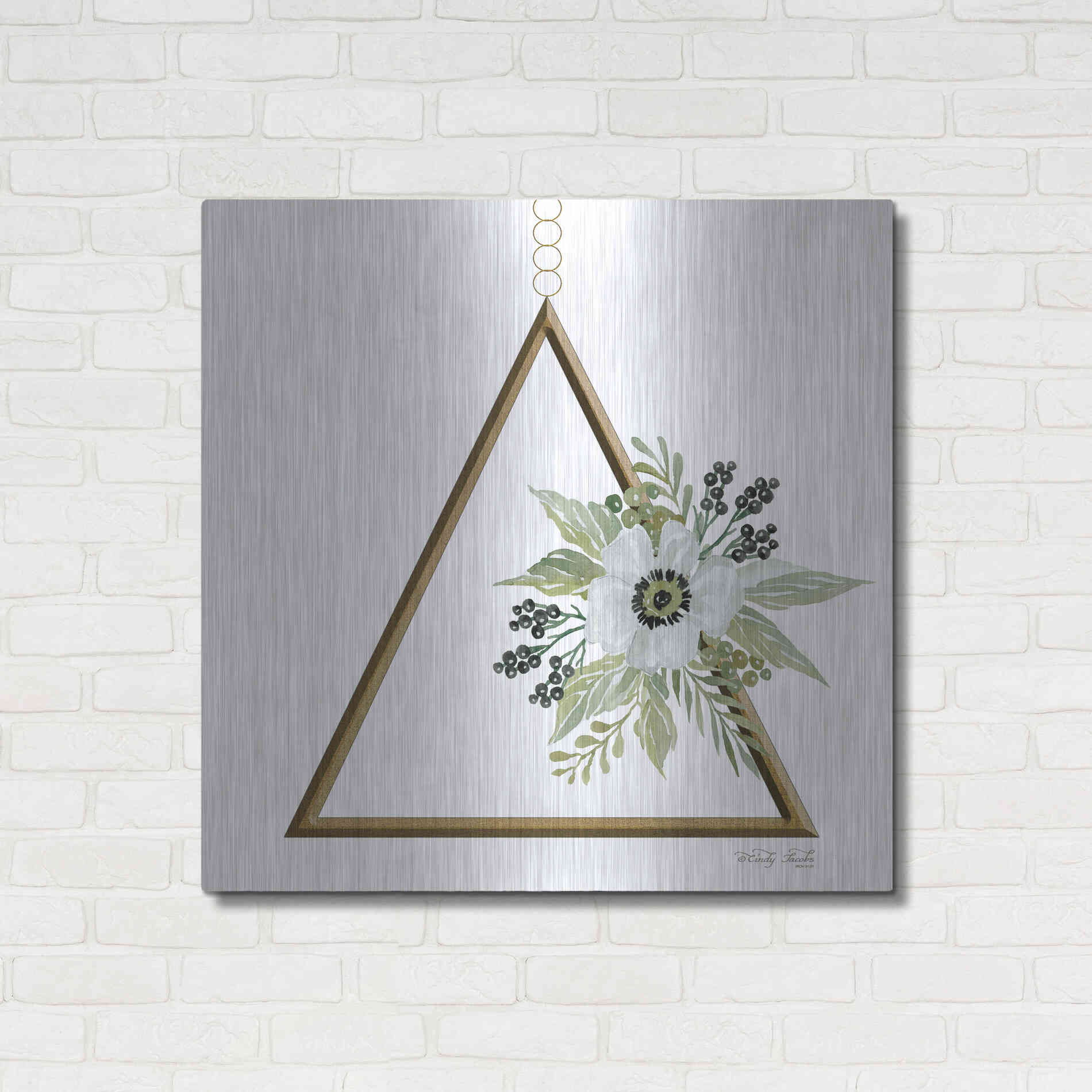 Luxe Metal Art 'Geometric Triangle Muted Floral II' by Cindy Jacobs, Metal Wall Art,36x36