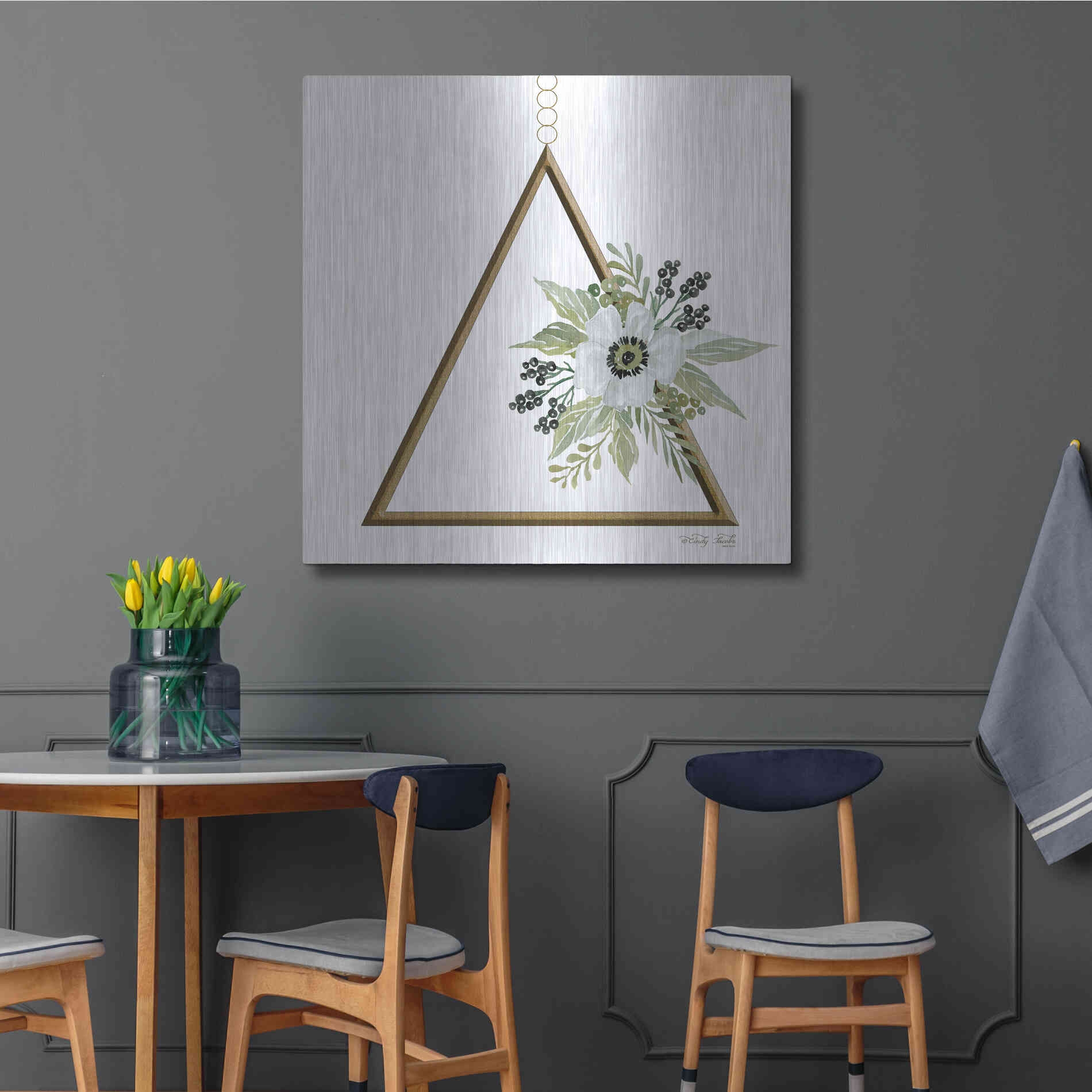 Luxe Metal Art 'Geometric Triangle Muted Floral II' by Cindy Jacobs, Metal Wall Art,36x36