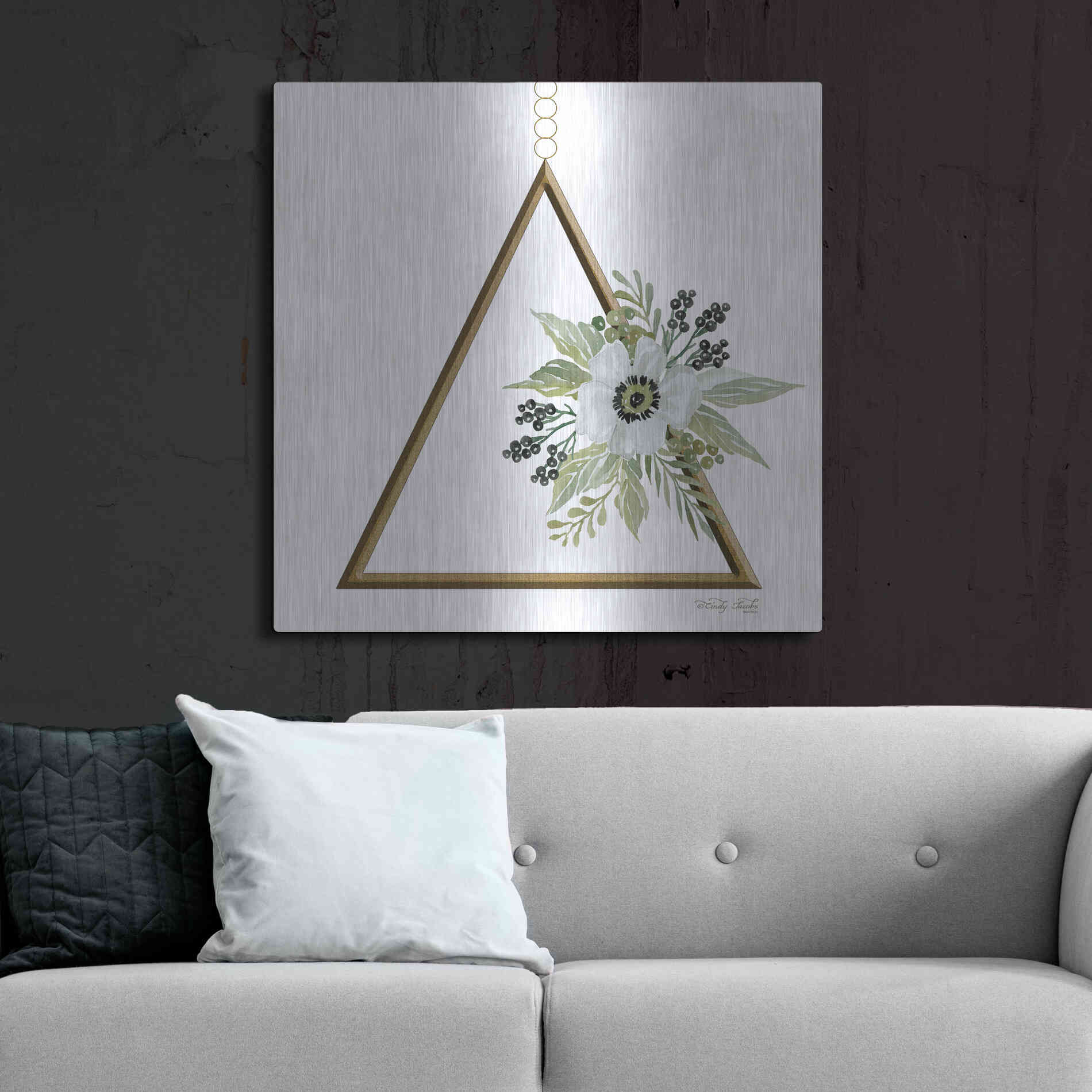 Luxe Metal Art 'Geometric Triangle Muted Floral II' by Cindy Jacobs, Metal Wall Art,36x36