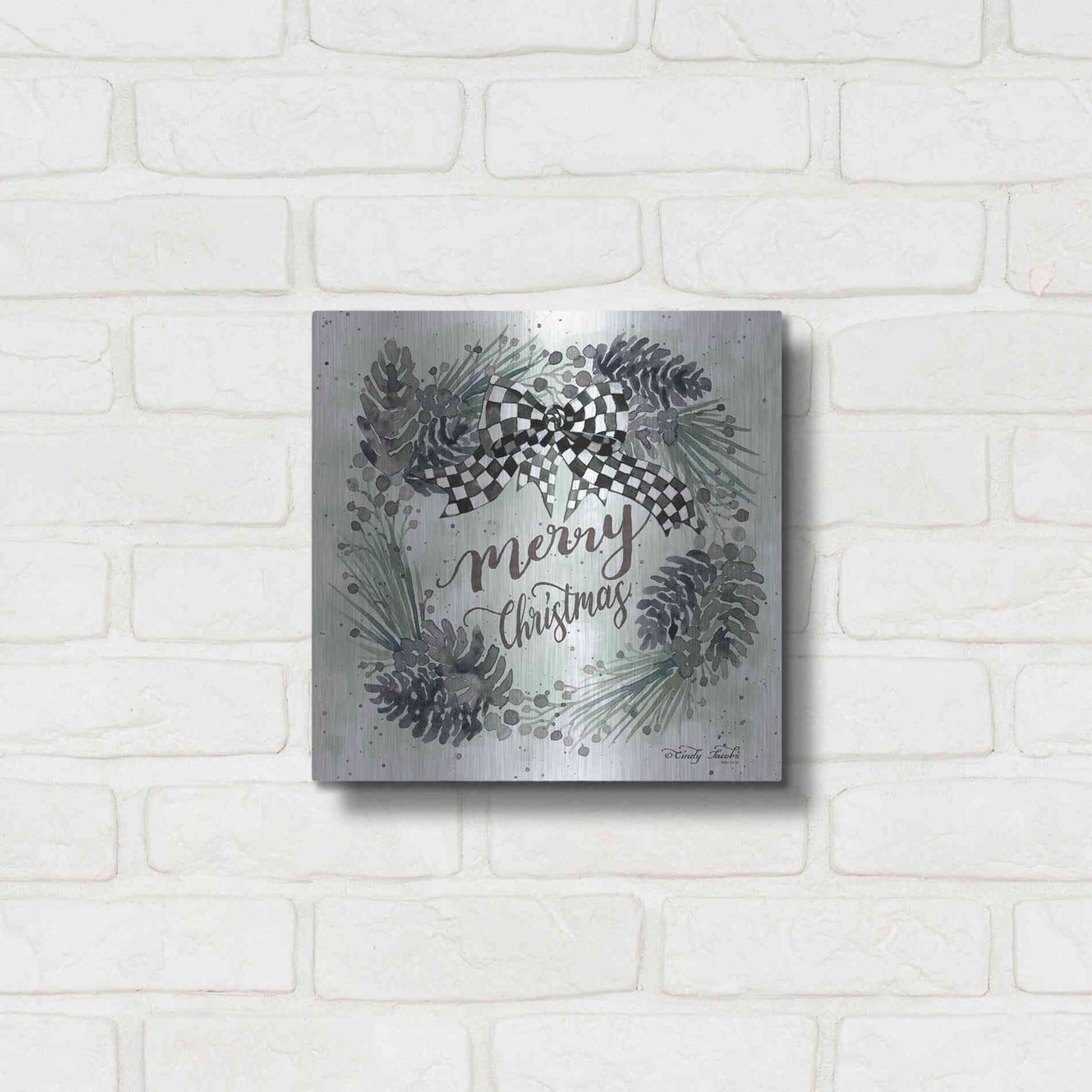 Luxe Metal Art 'Merry Christmas Wreath II' by Cindy Jacobs, Metal Wall Art,12x12