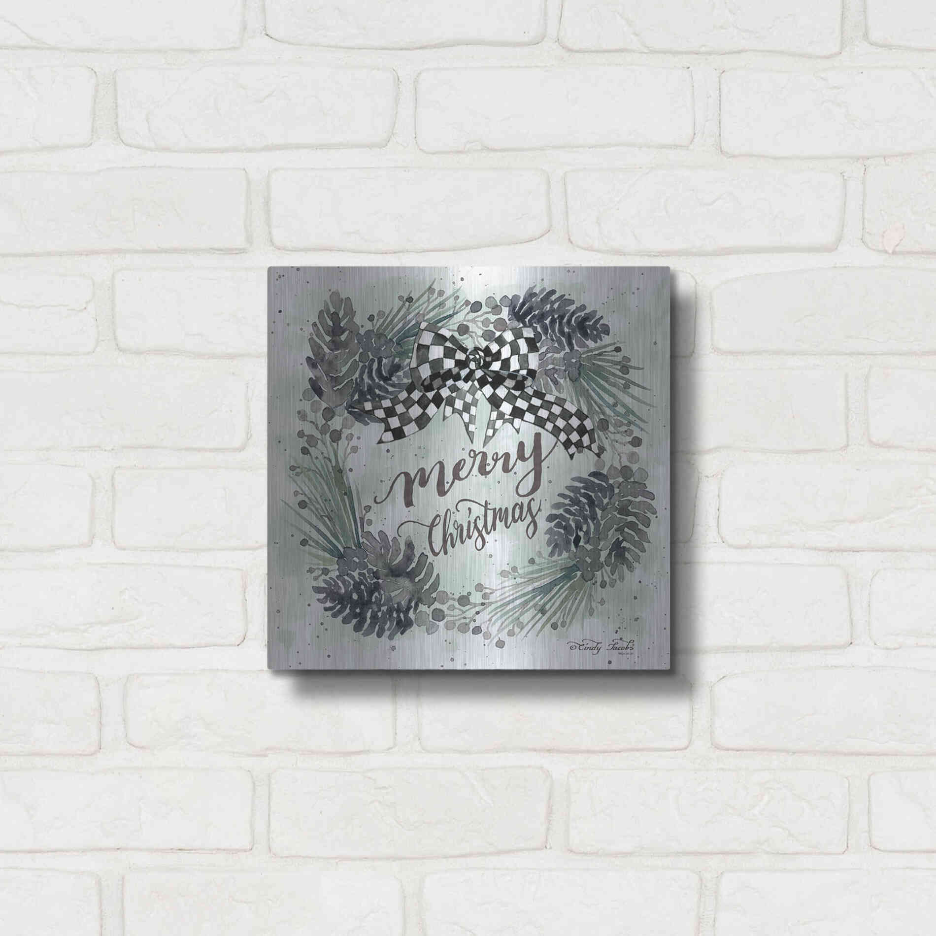 Luxe Metal Art 'Merry Christmas Wreath II' by Cindy Jacobs, Metal Wall Art,12x12