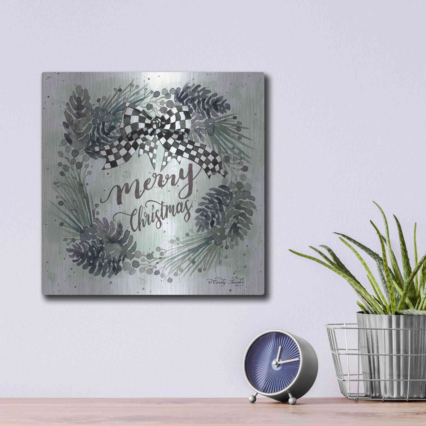 Luxe Metal Art 'Merry Christmas Wreath II' by Cindy Jacobs, Metal Wall Art,12x12