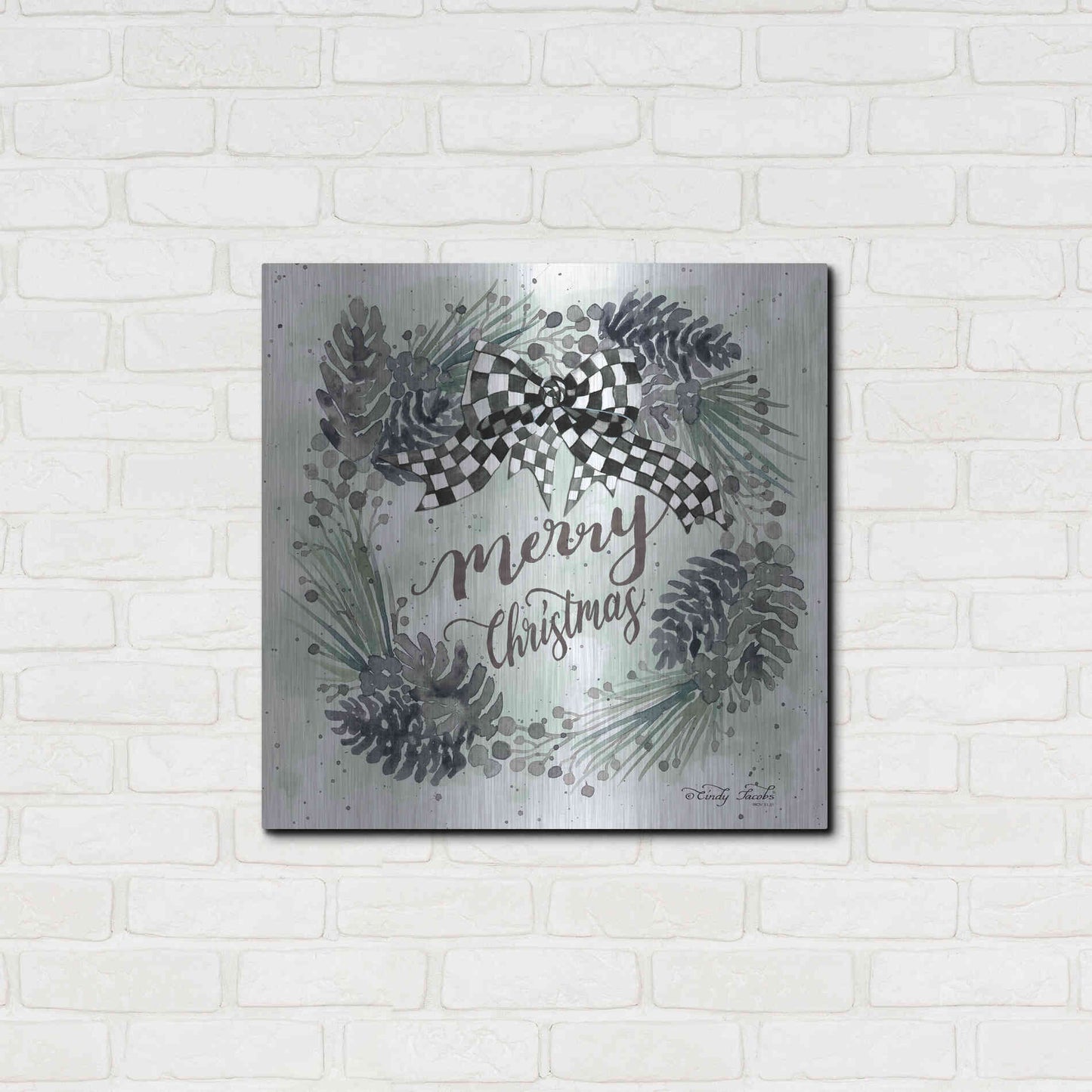 Luxe Metal Art 'Merry Christmas Wreath II' by Cindy Jacobs, Metal Wall Art,24x24