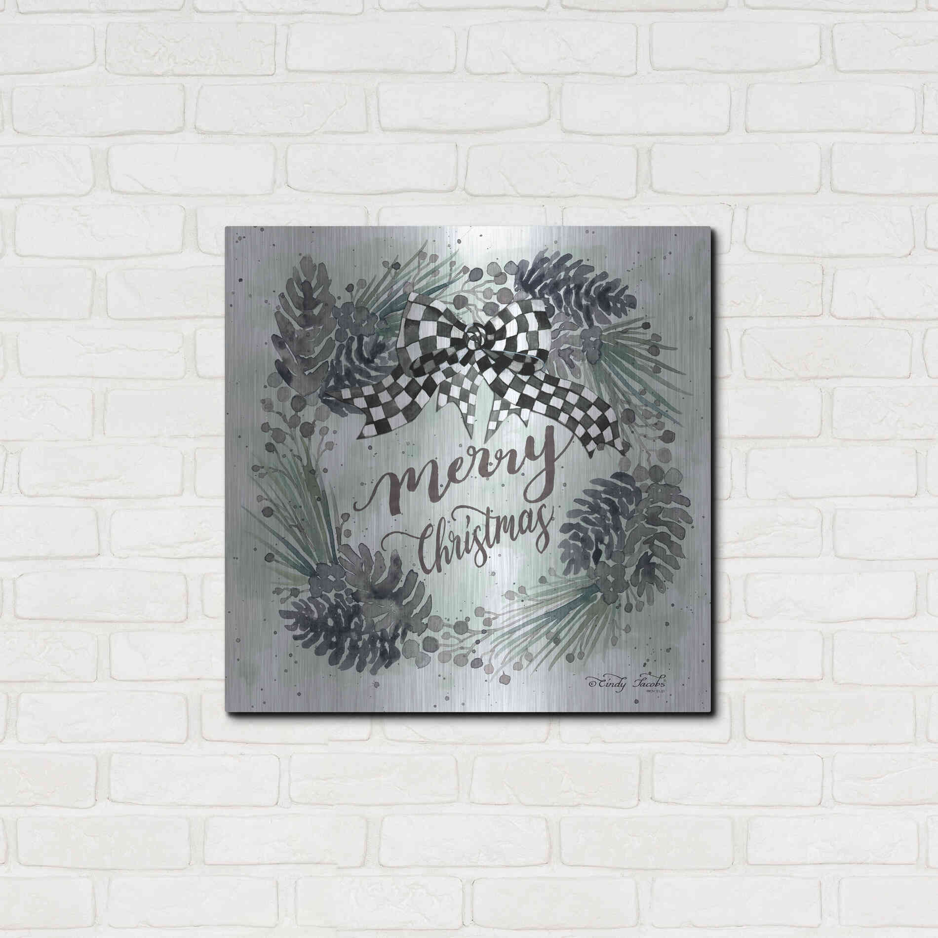 Luxe Metal Art 'Merry Christmas Wreath II' by Cindy Jacobs, Metal Wall Art,24x24