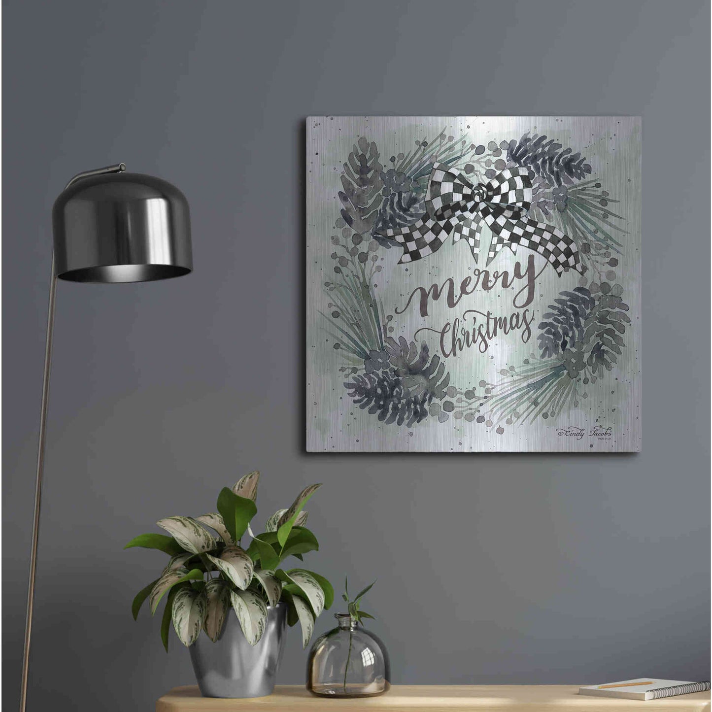 Luxe Metal Art 'Merry Christmas Wreath II' by Cindy Jacobs, Metal Wall Art,24x24