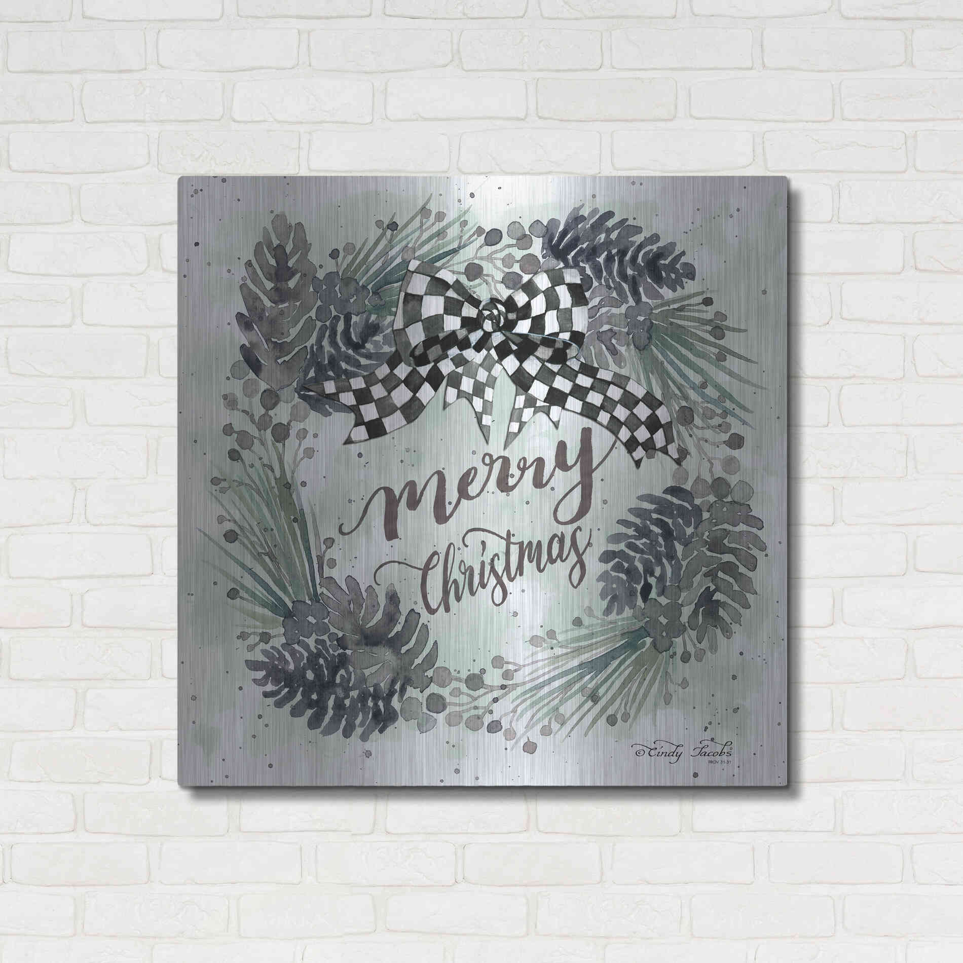 Luxe Metal Art 'Merry Christmas Wreath II' by Cindy Jacobs, Metal Wall Art,36x36