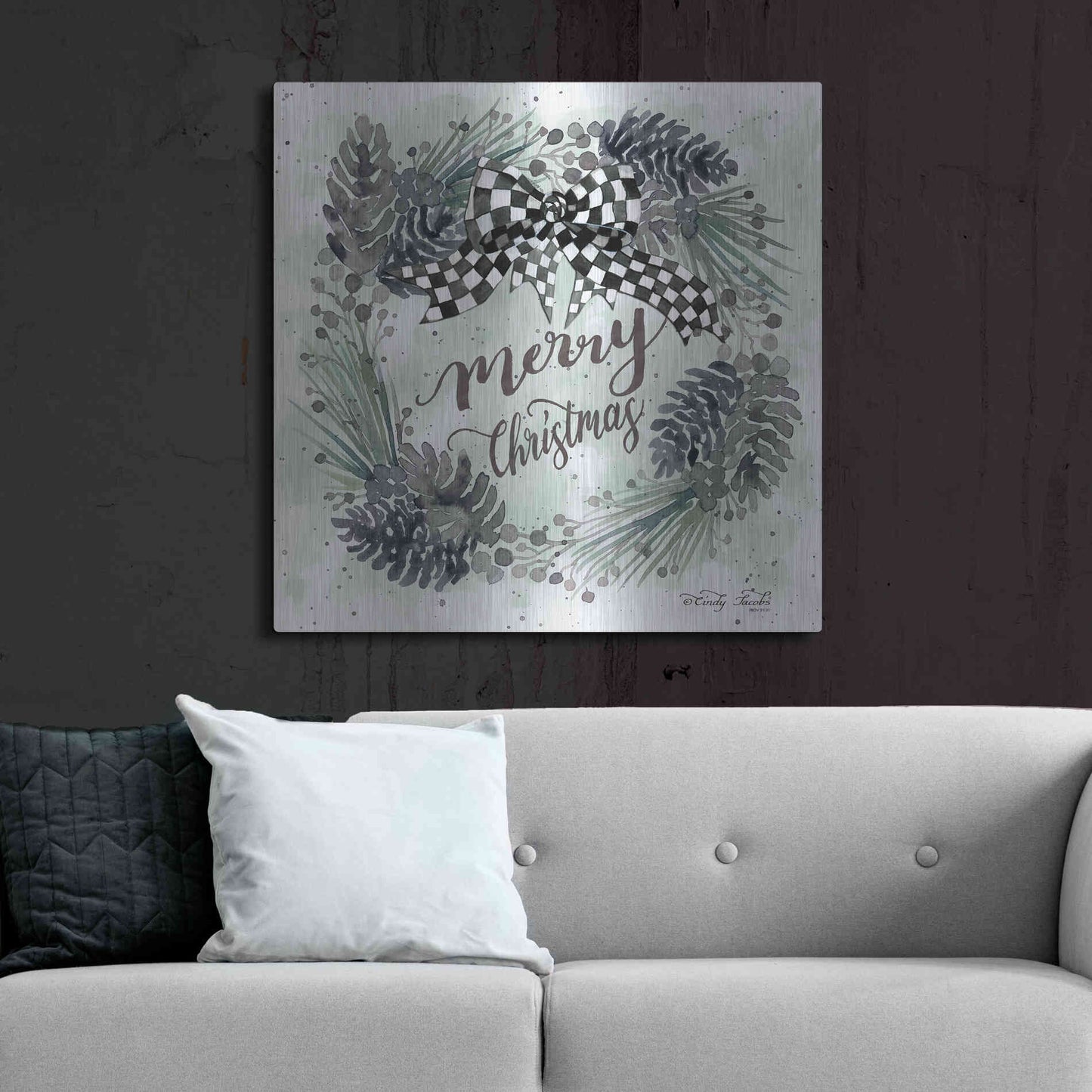 Luxe Metal Art 'Merry Christmas Wreath II' by Cindy Jacobs, Metal Wall Art,36x36