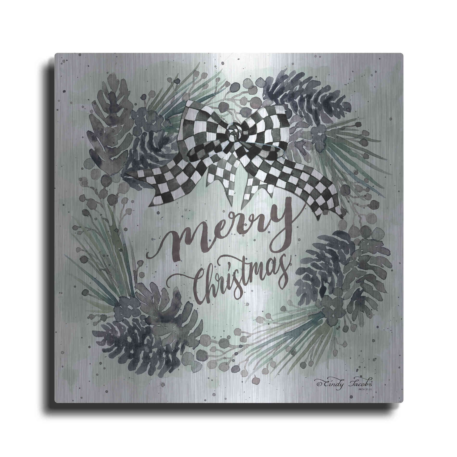 Luxe Metal Art 'Merry Christmas Wreath II' by Cindy Jacobs, Metal Wall Art