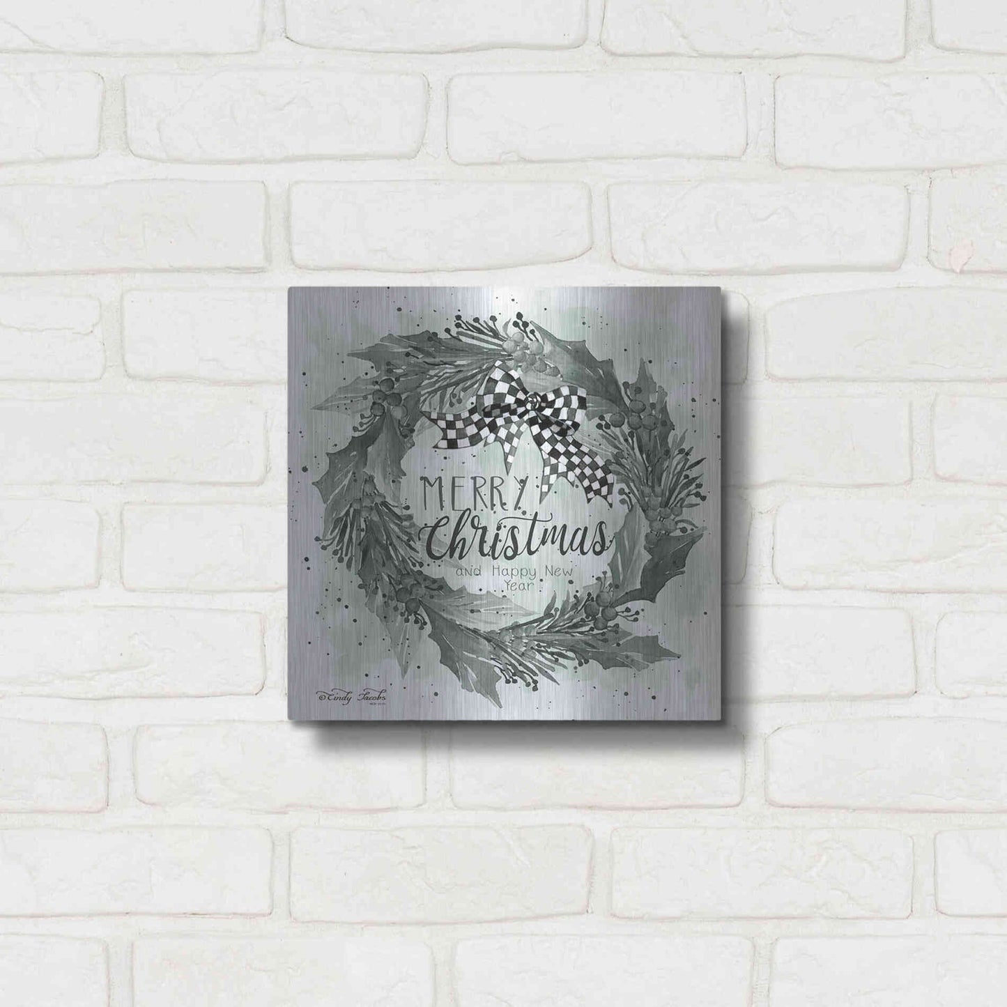 Luxe Metal Art 'Christmas and New Year Wreath' by Cindy Jacobs, Metal Wall Art,12x12