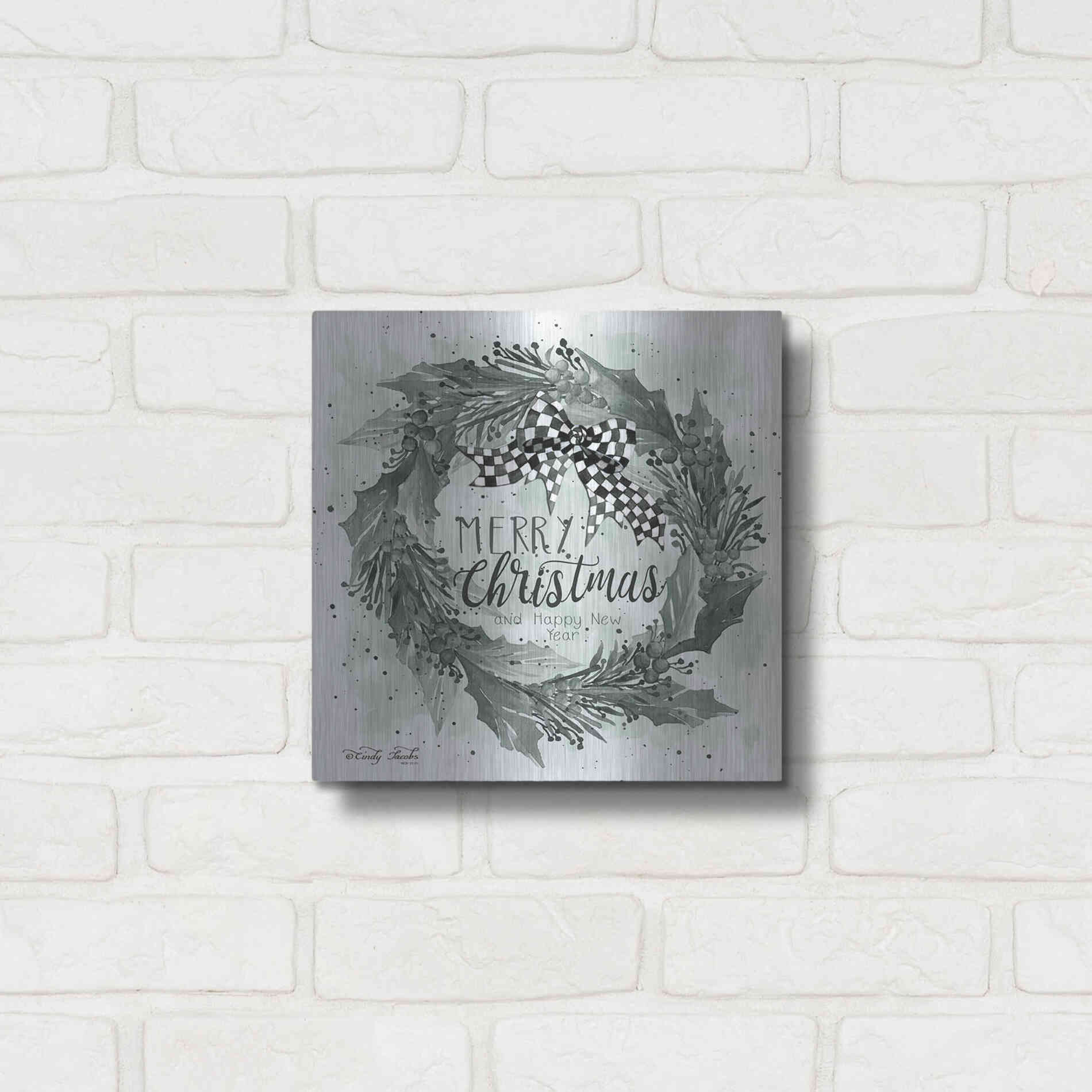 Luxe Metal Art 'Christmas and New Year Wreath' by Cindy Jacobs, Metal Wall Art,12x12