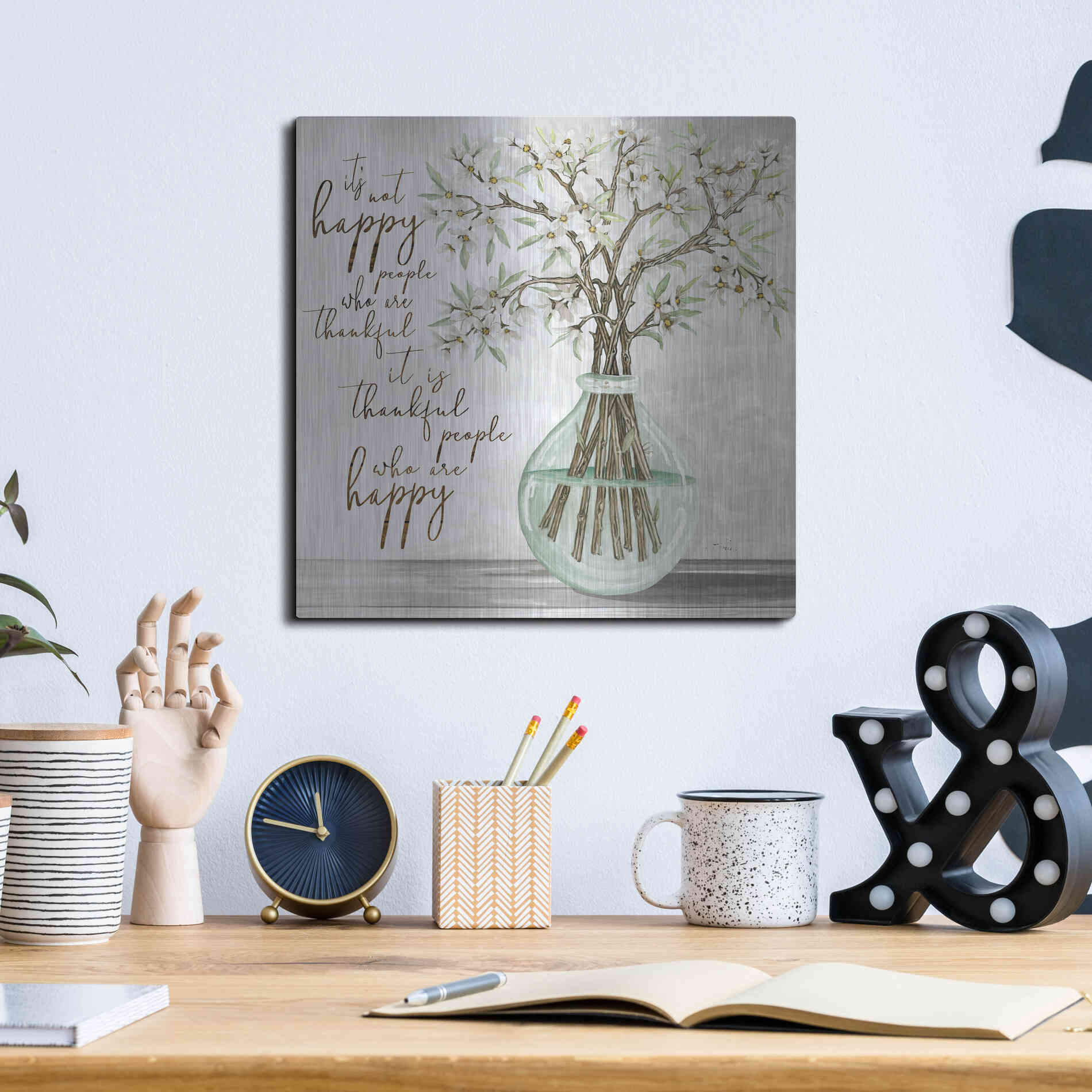 Luxe Metal Art 'Thankful People Flower Vase' by Cindy Jacobs, Metal Wall Art,12x12