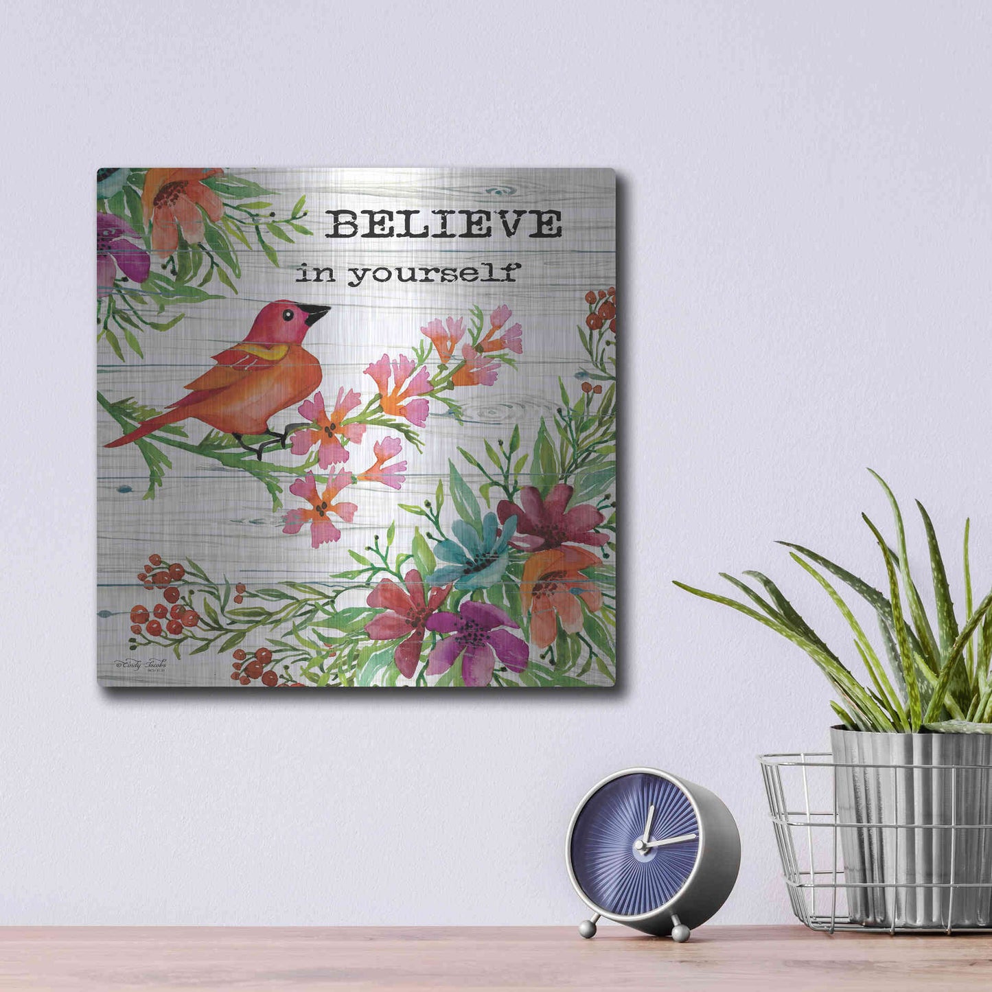 Luxe Metal Art 'Believe in Yourself' by Cindy Jacobs, Metal Wall Art,12x12