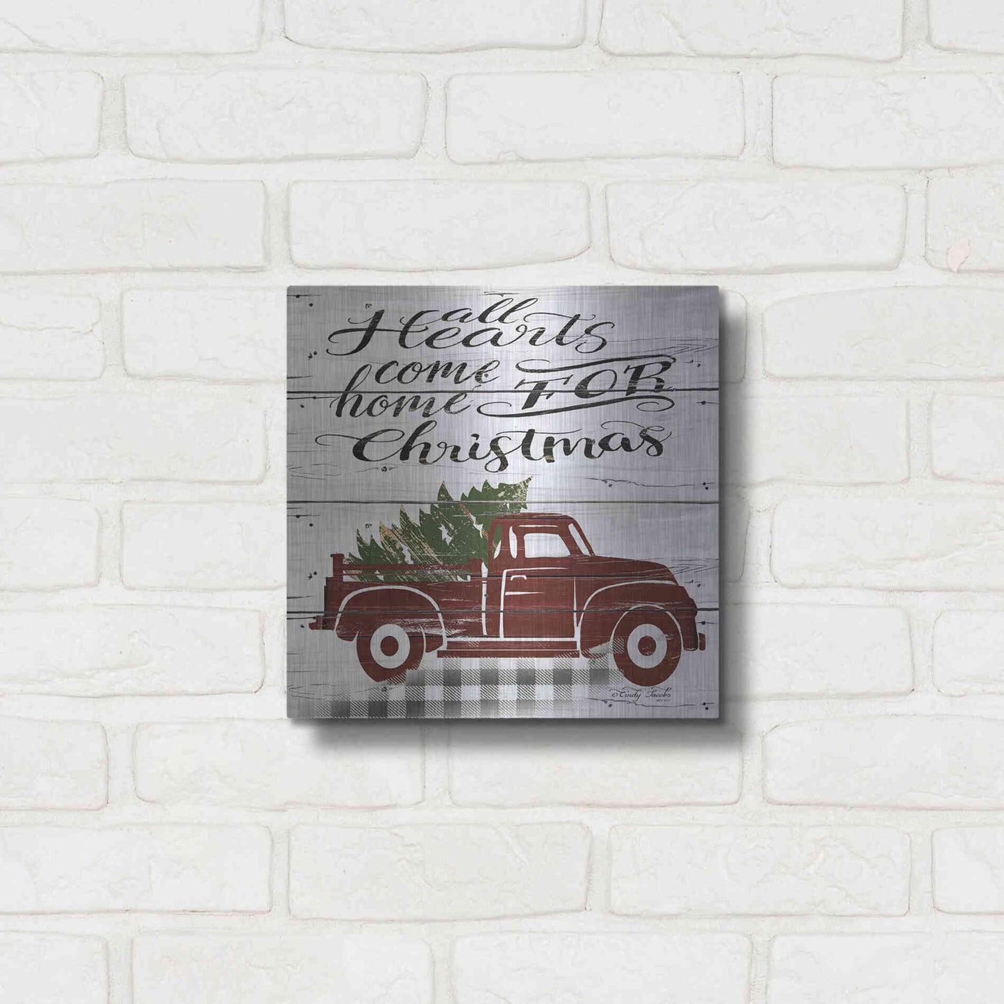 Luxe Metal Art 'All Hearts Red Truck' by Cindy Jacobs, Metal Wall Art,12x12