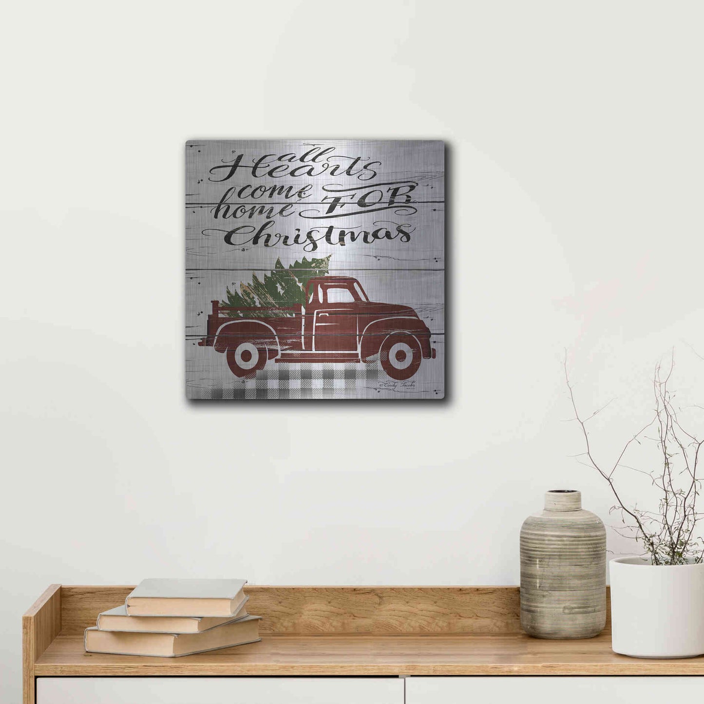 Luxe Metal Art 'All Hearts Red Truck' by Cindy Jacobs, Metal Wall Art,12x12