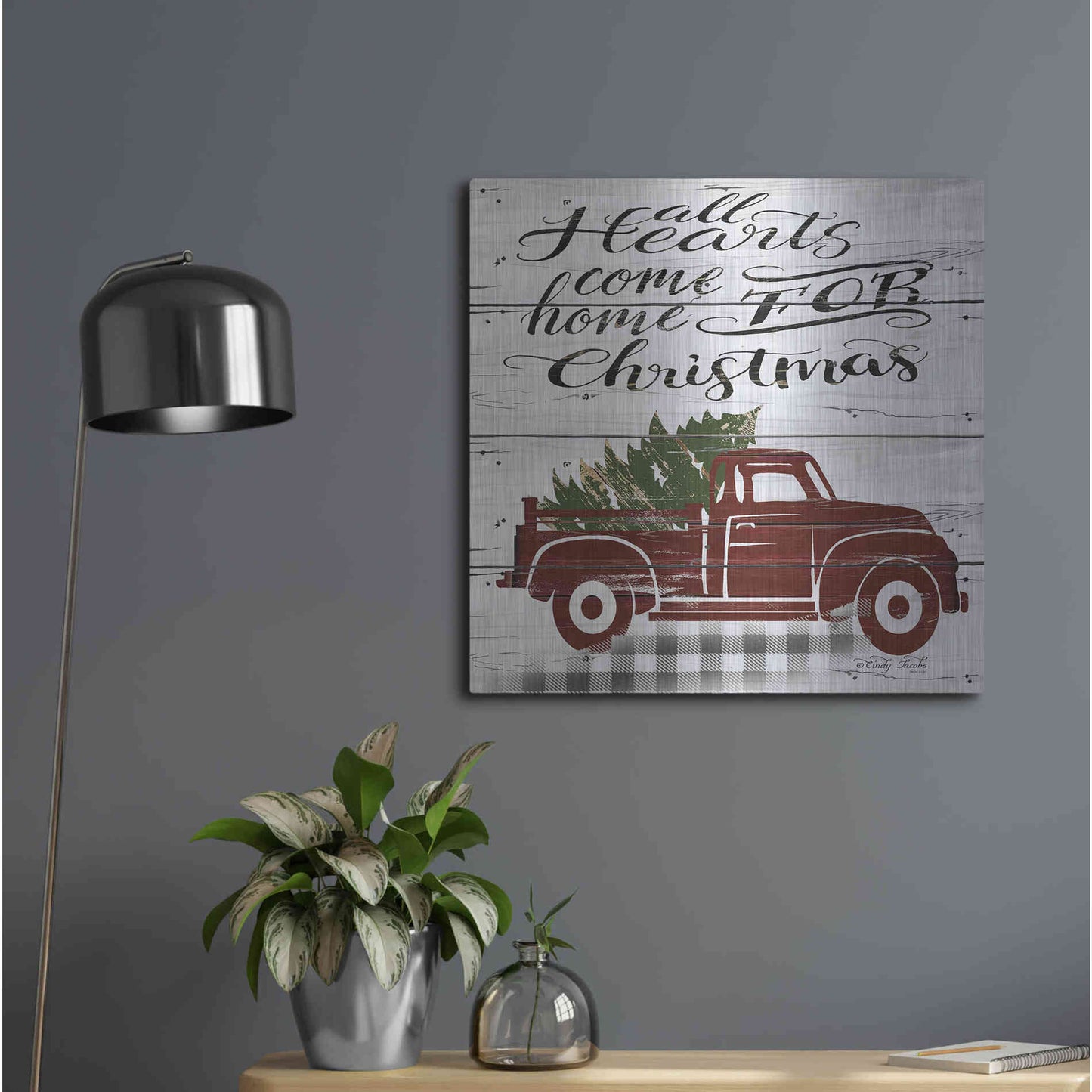 Luxe Metal Art 'All Hearts Red Truck' by Cindy Jacobs, Metal Wall Art,24x24