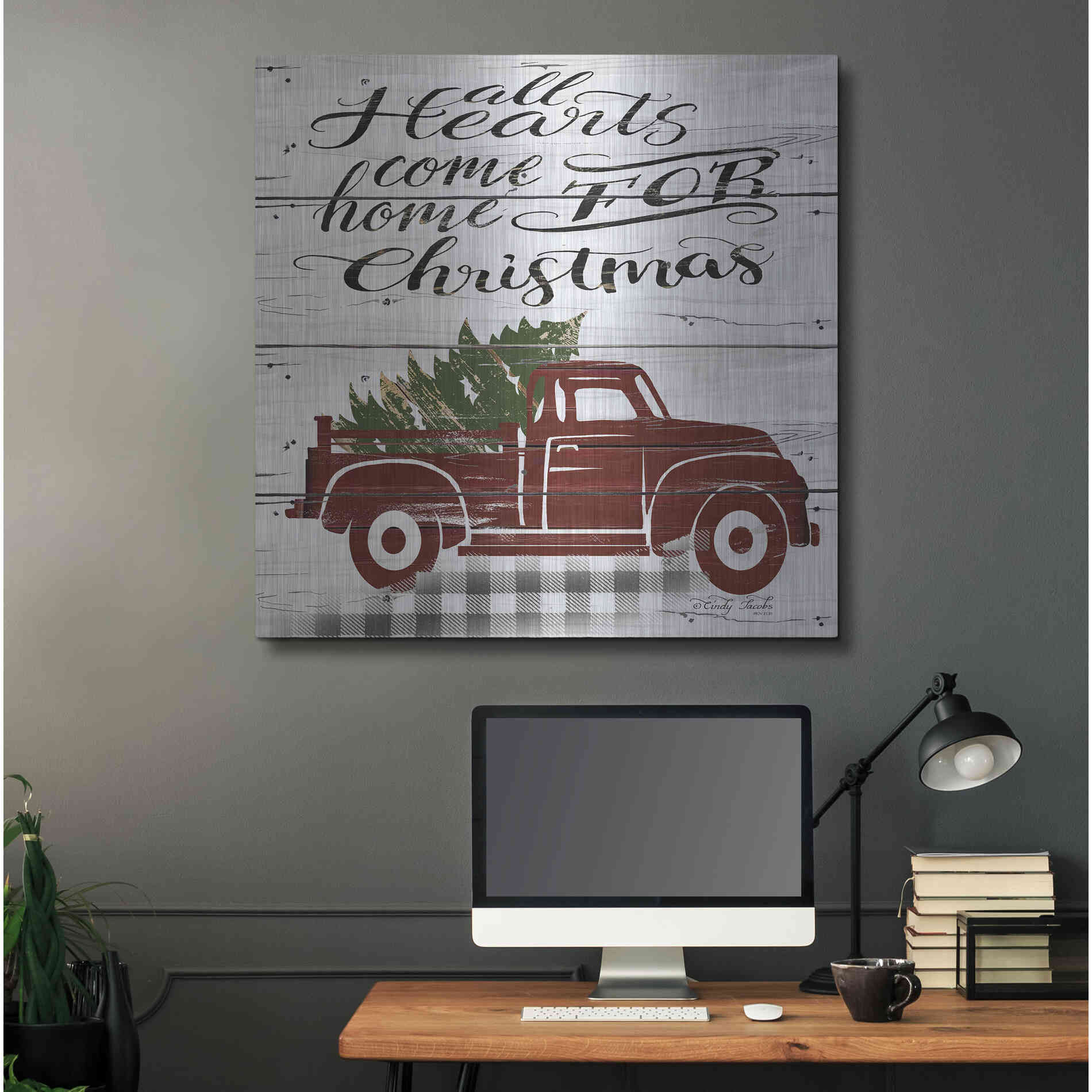 Luxe Metal Art 'All Hearts Red Truck' by Cindy Jacobs, Metal Wall Art,36x36