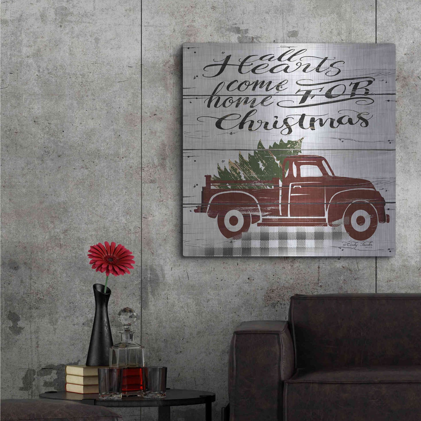 Luxe Metal Art 'All Hearts Red Truck' by Cindy Jacobs, Metal Wall Art,36x36