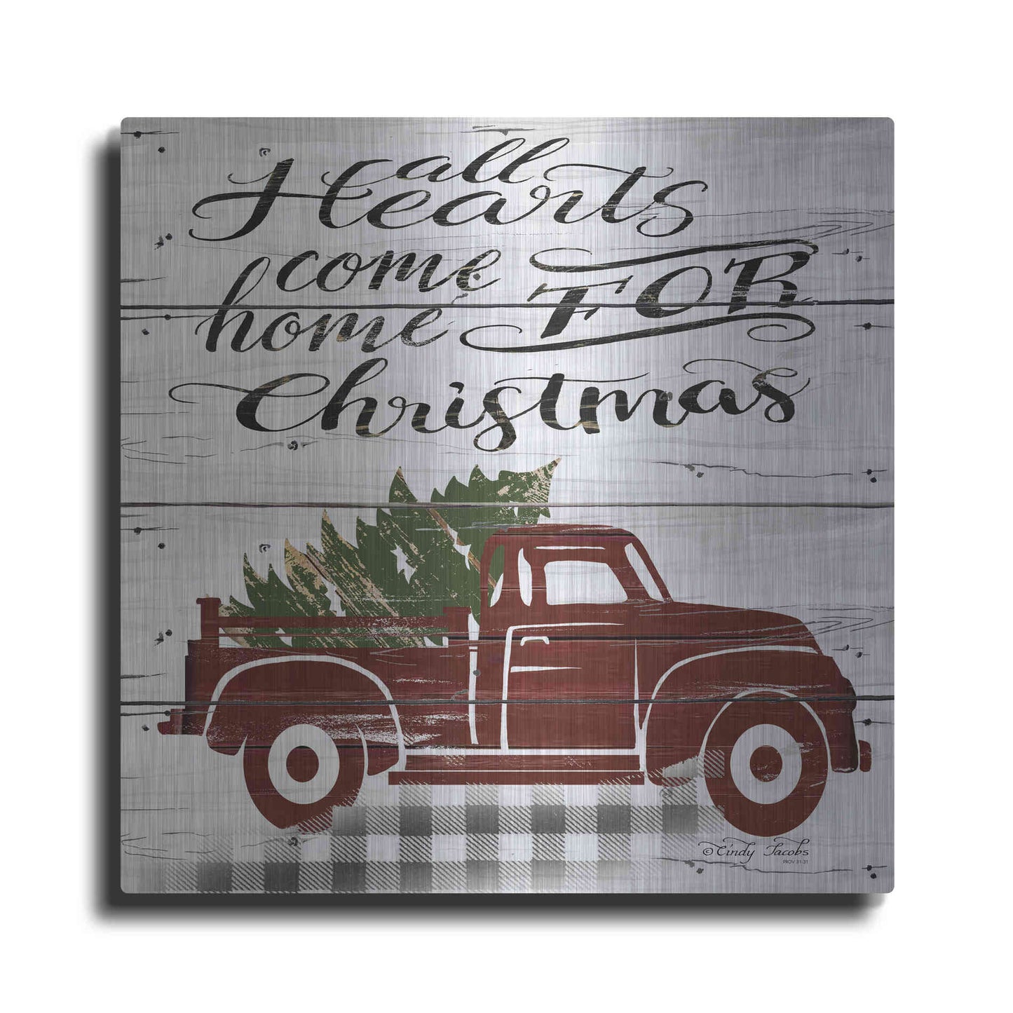 Luxe Metal Art 'All Hearts Red Truck' by Cindy Jacobs, Metal Wall Art